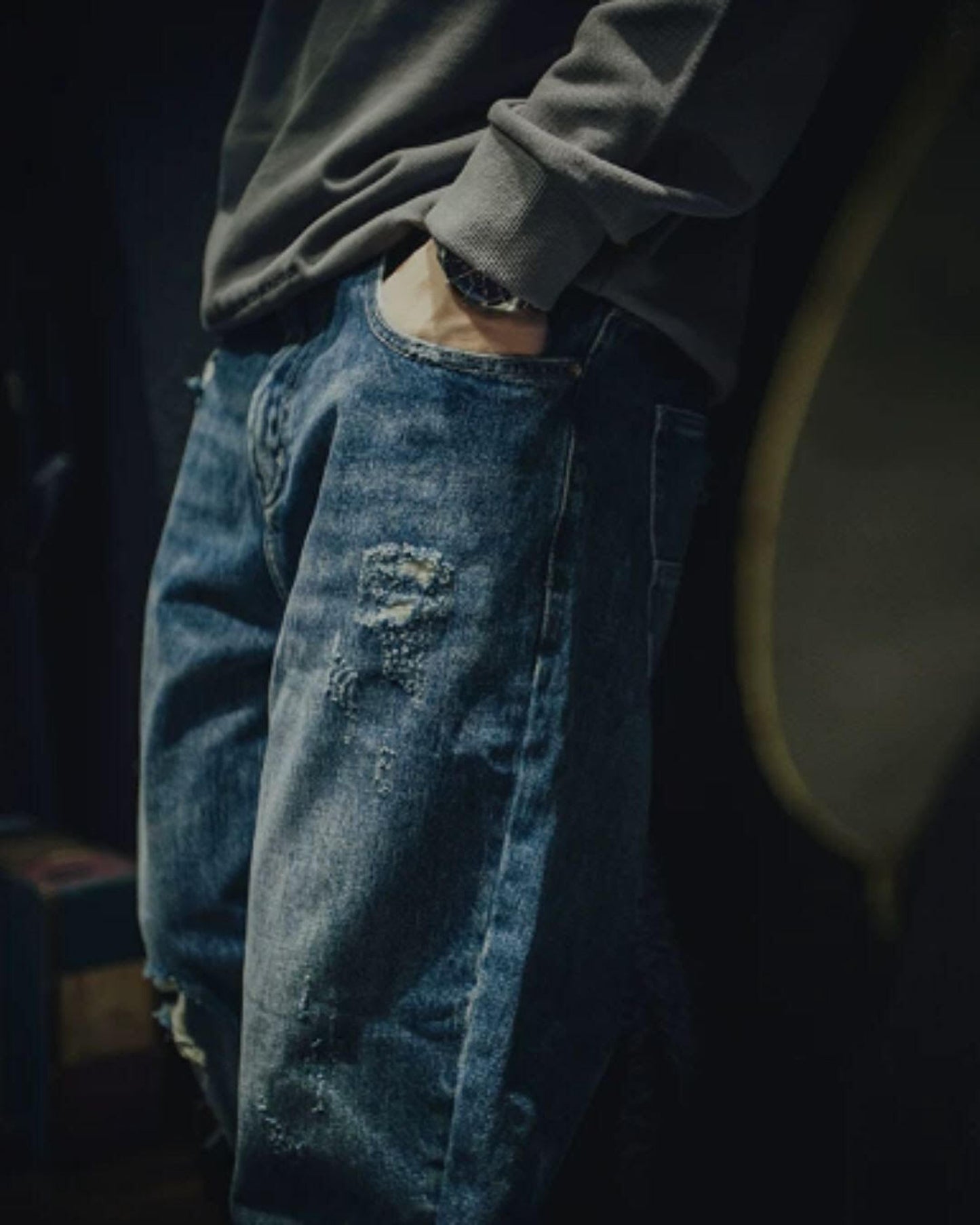 damage straight wide denim pants 【ACT0015】