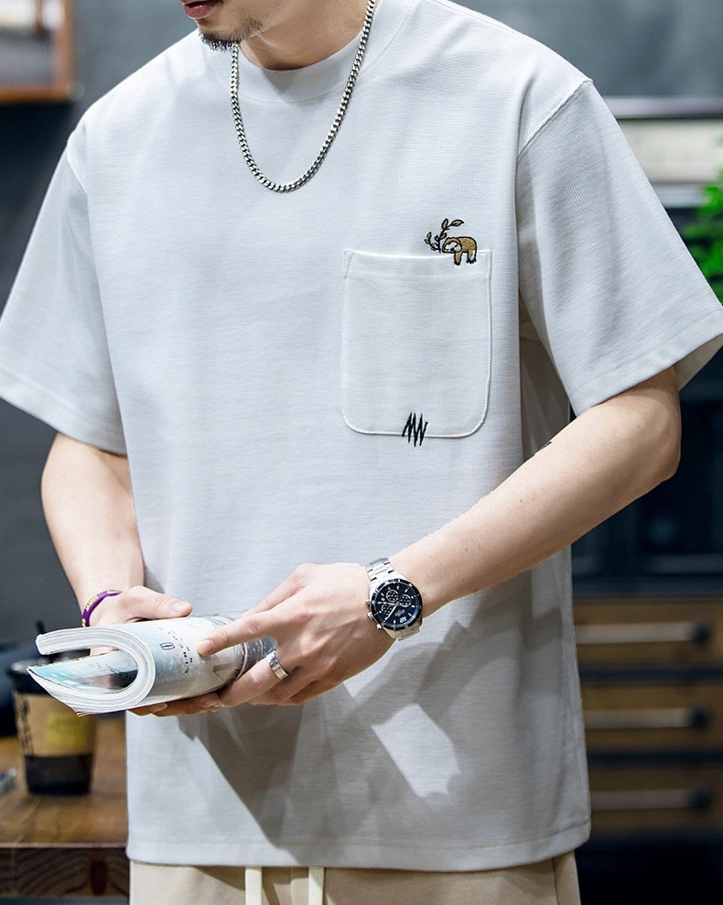 sloth embroidered pocket short sleeve t-shirt 2color 【ACT0159】
