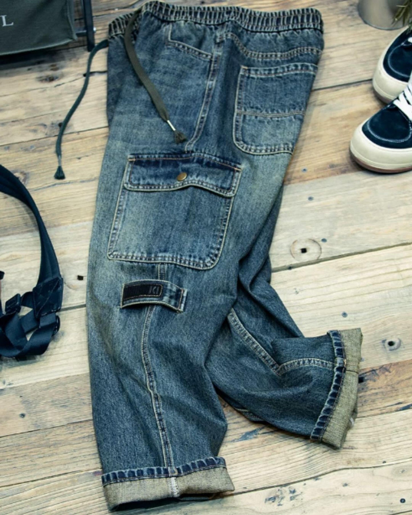 drawcord patch pocket wide denim pants 【ACT0024】