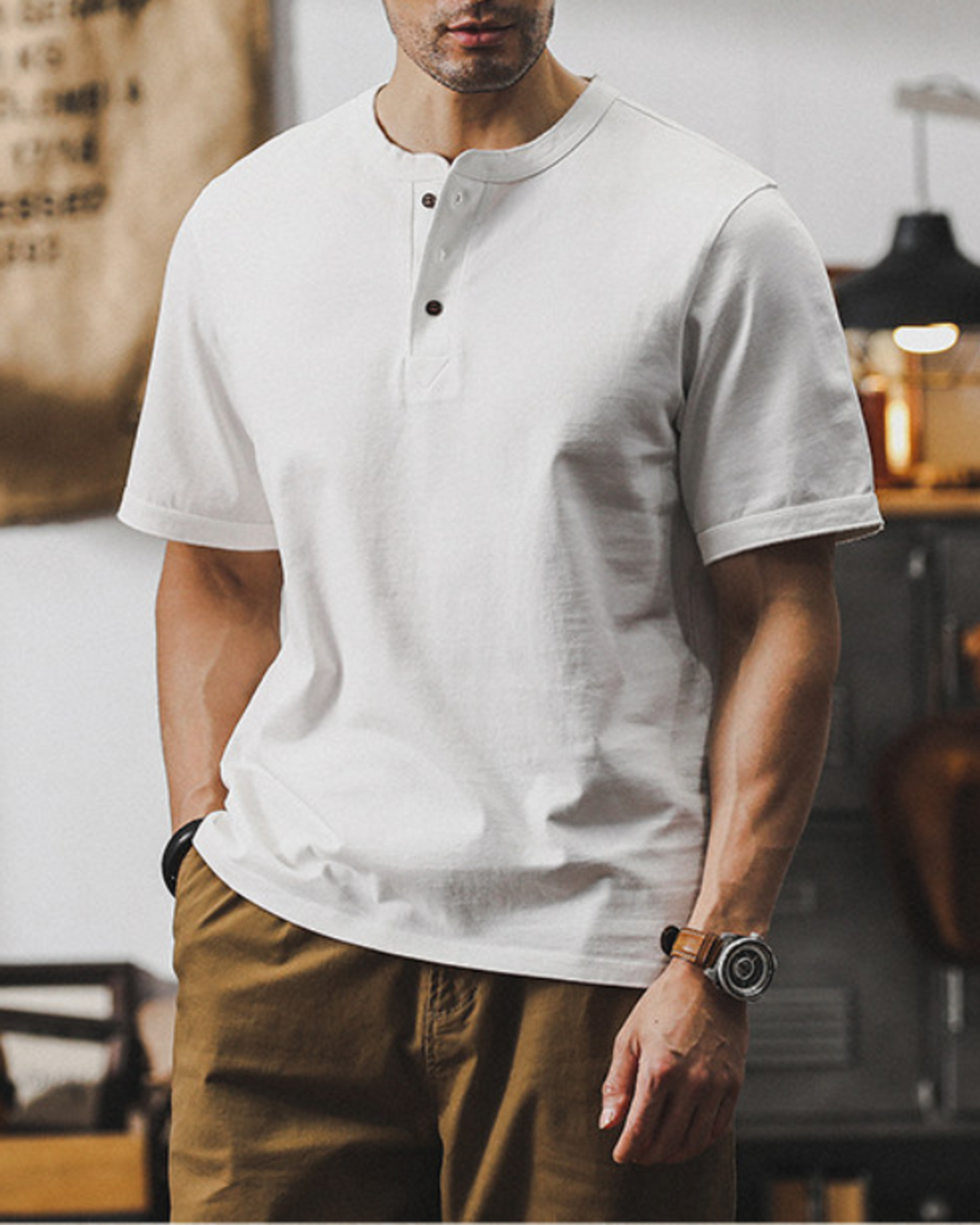 loose cotton henley neck t-shirt 5color 【ACT0164】