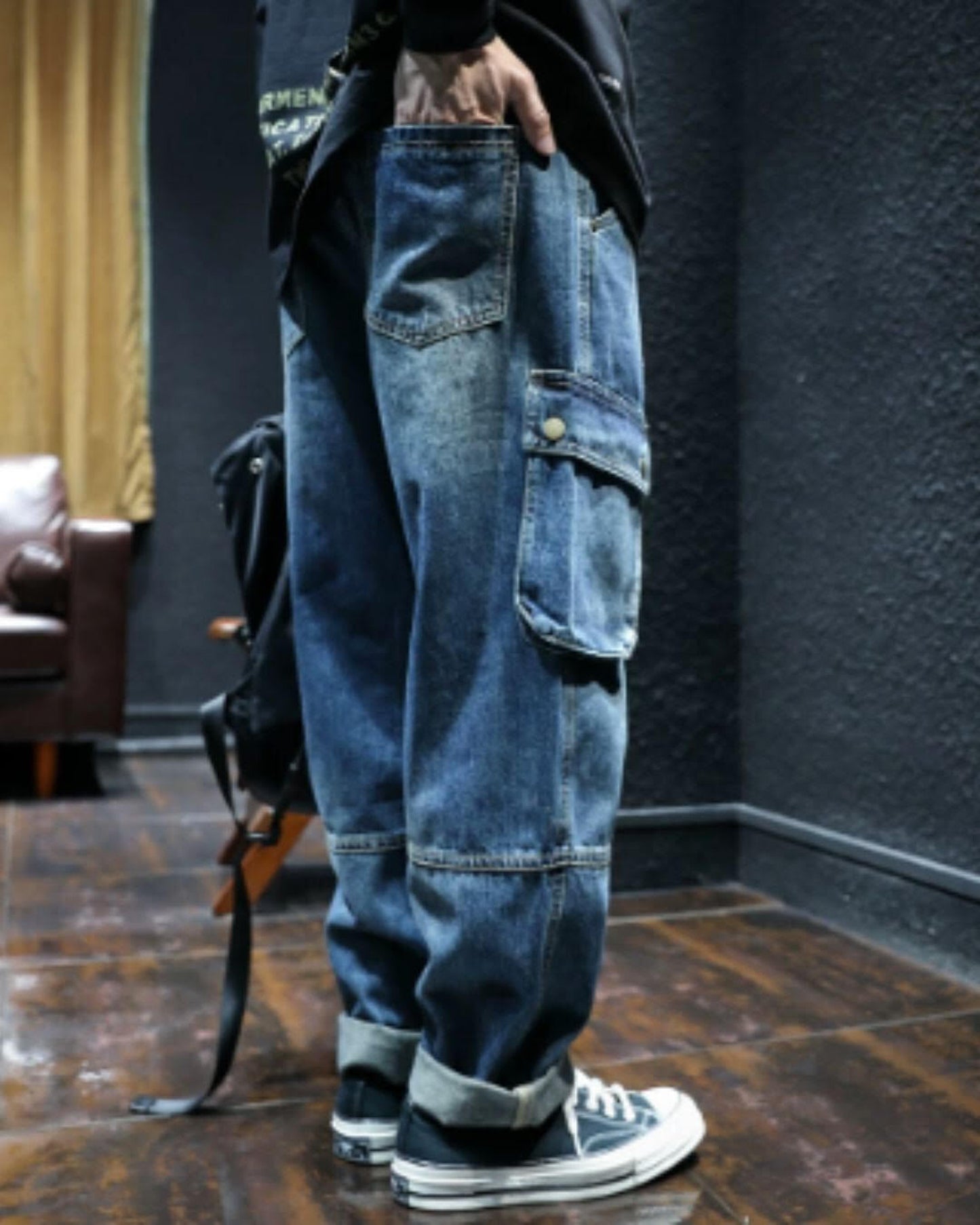 vintage processed loose fit cargo denim pants 【ACT0023】