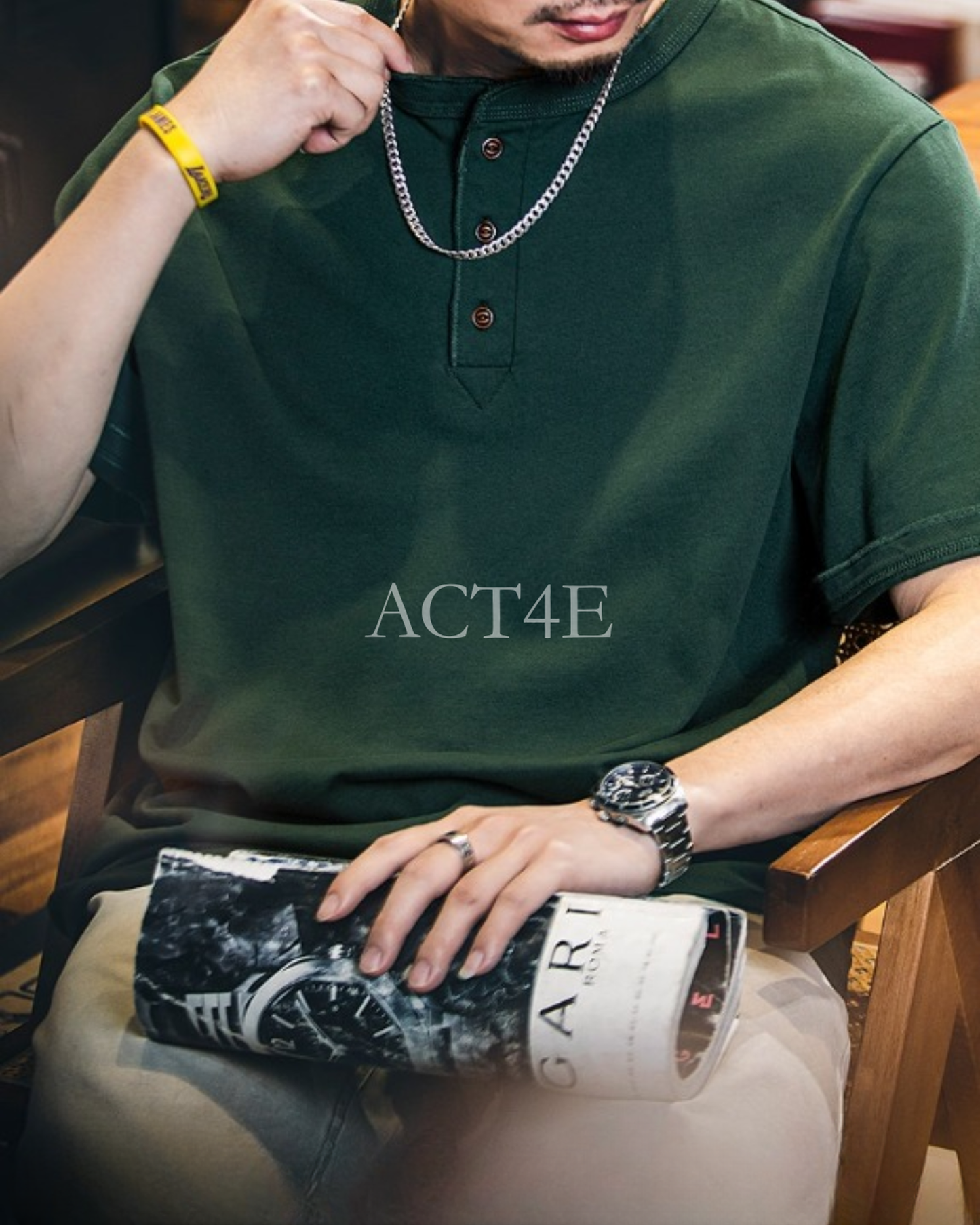 vintage henley neck solid short sleeve t-shirt 5color 【ACT0158】