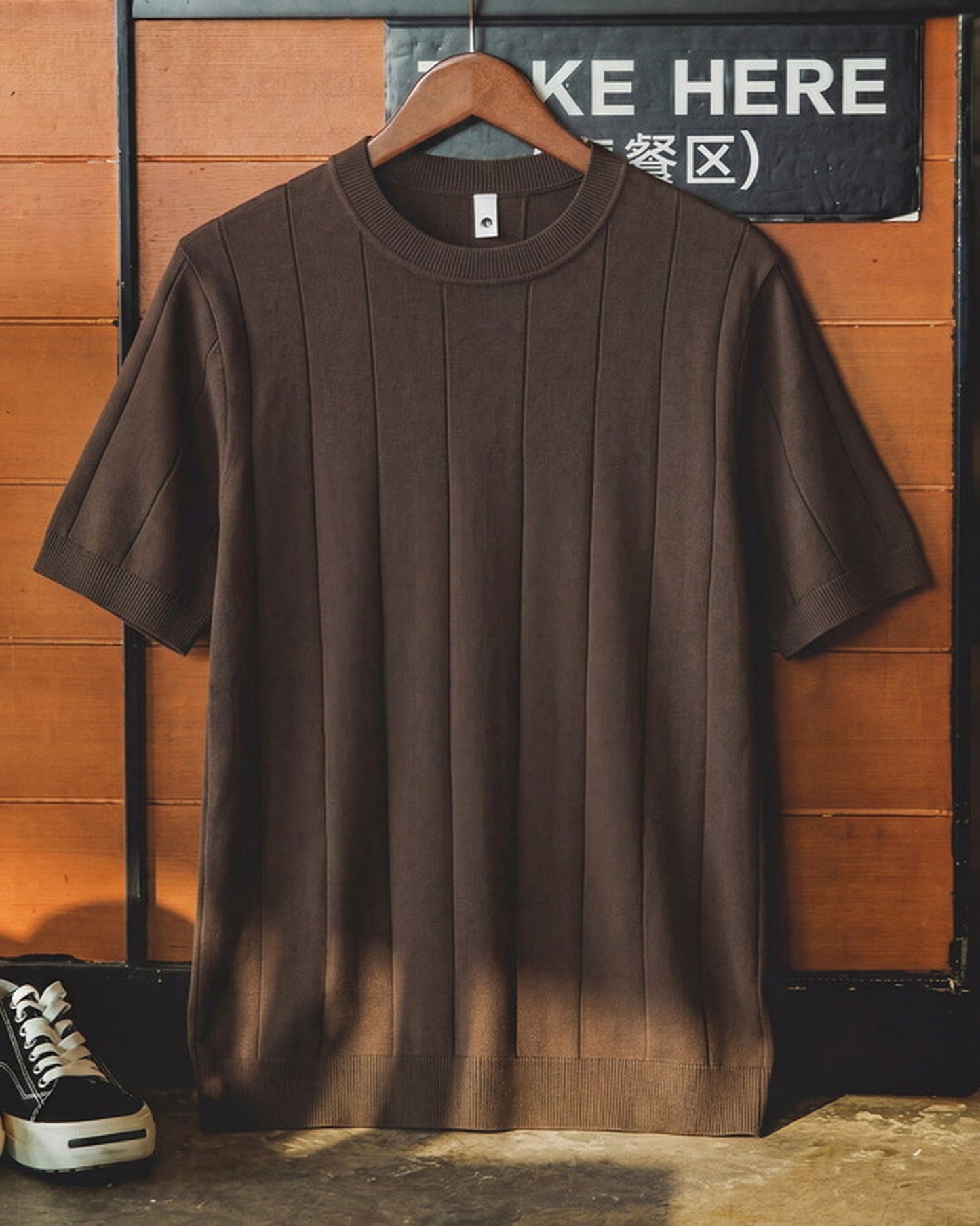 Smart-Casual Vertical-Stripe Knit Relaxed T-Shirt 4color 【ACT0101】