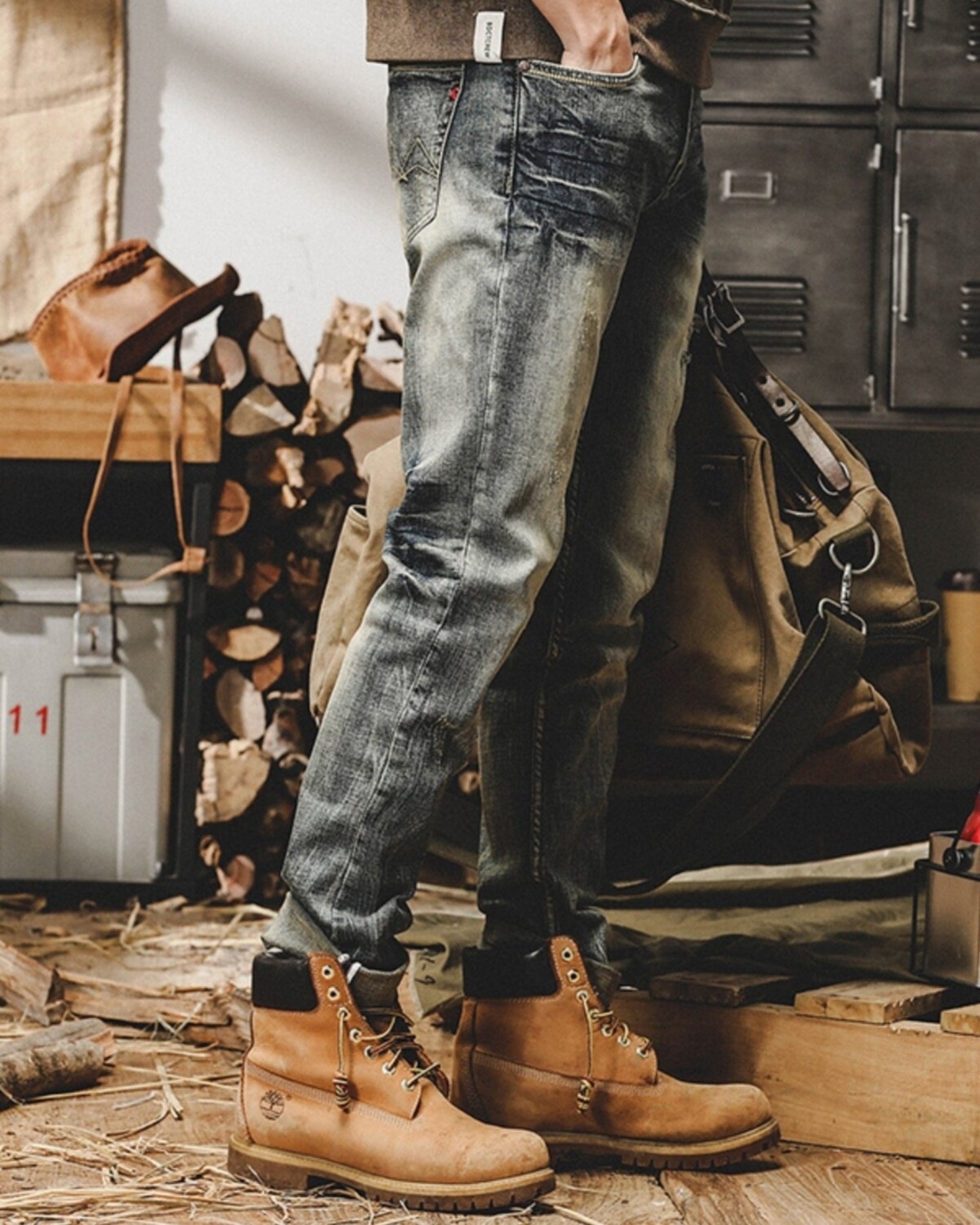 heavy slim straight distressed denim pants 【ACT0183】