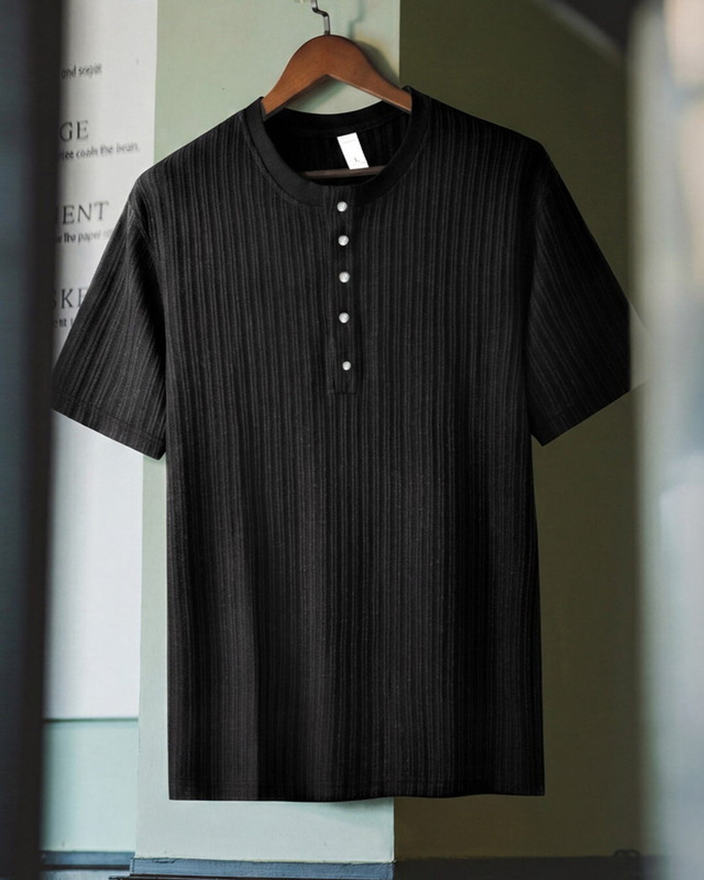 Vintage Ribbed-Knit Henley-Neck Casual T-Shirt 2color 【ACT0098】
