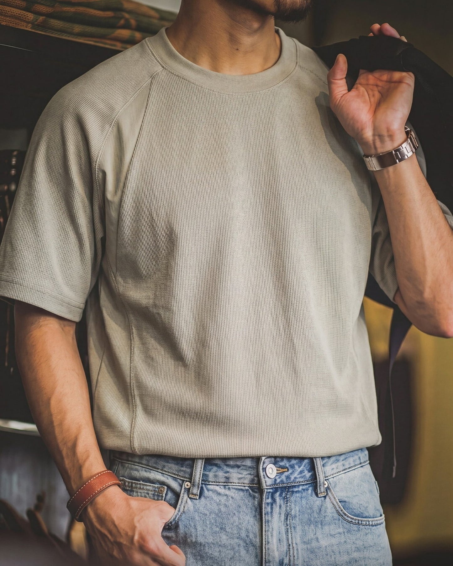 Waffle-Knit Raglan-Sleeve Classic Retro T-Shirt 2color 【ACT0092】