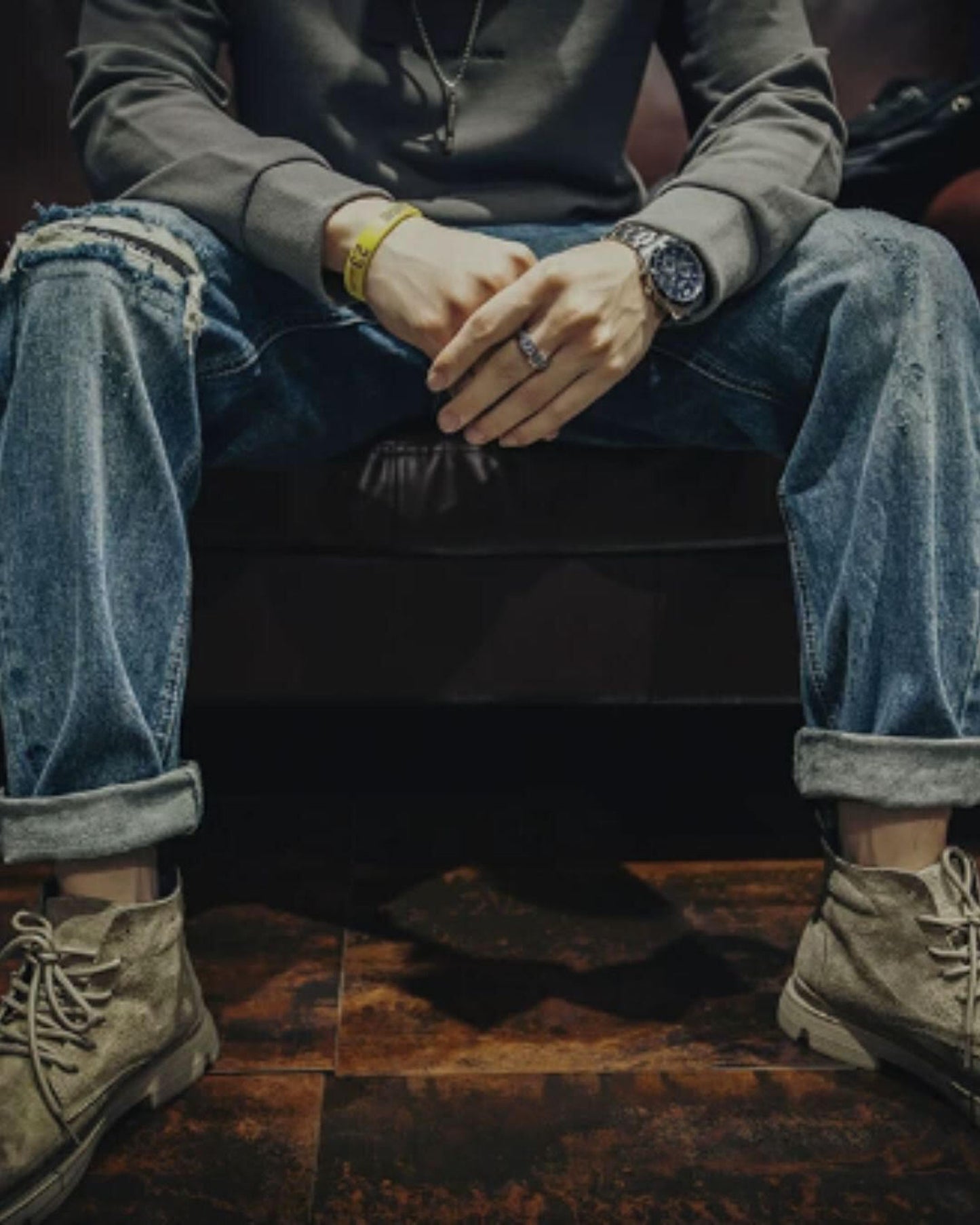 damage straight wide denim pants 【ACT0015】