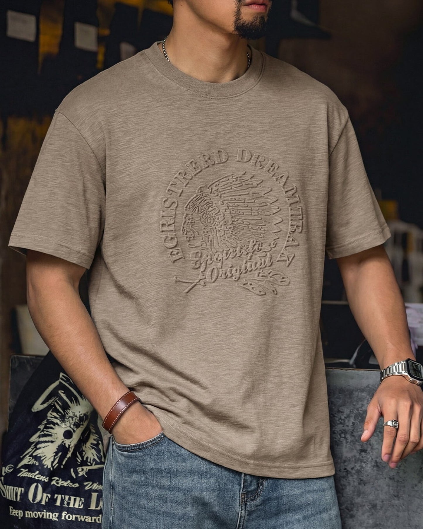 Embossed Relaxed Fit Graphic Slub Casual T-Shirt 2color 【ACT0111】