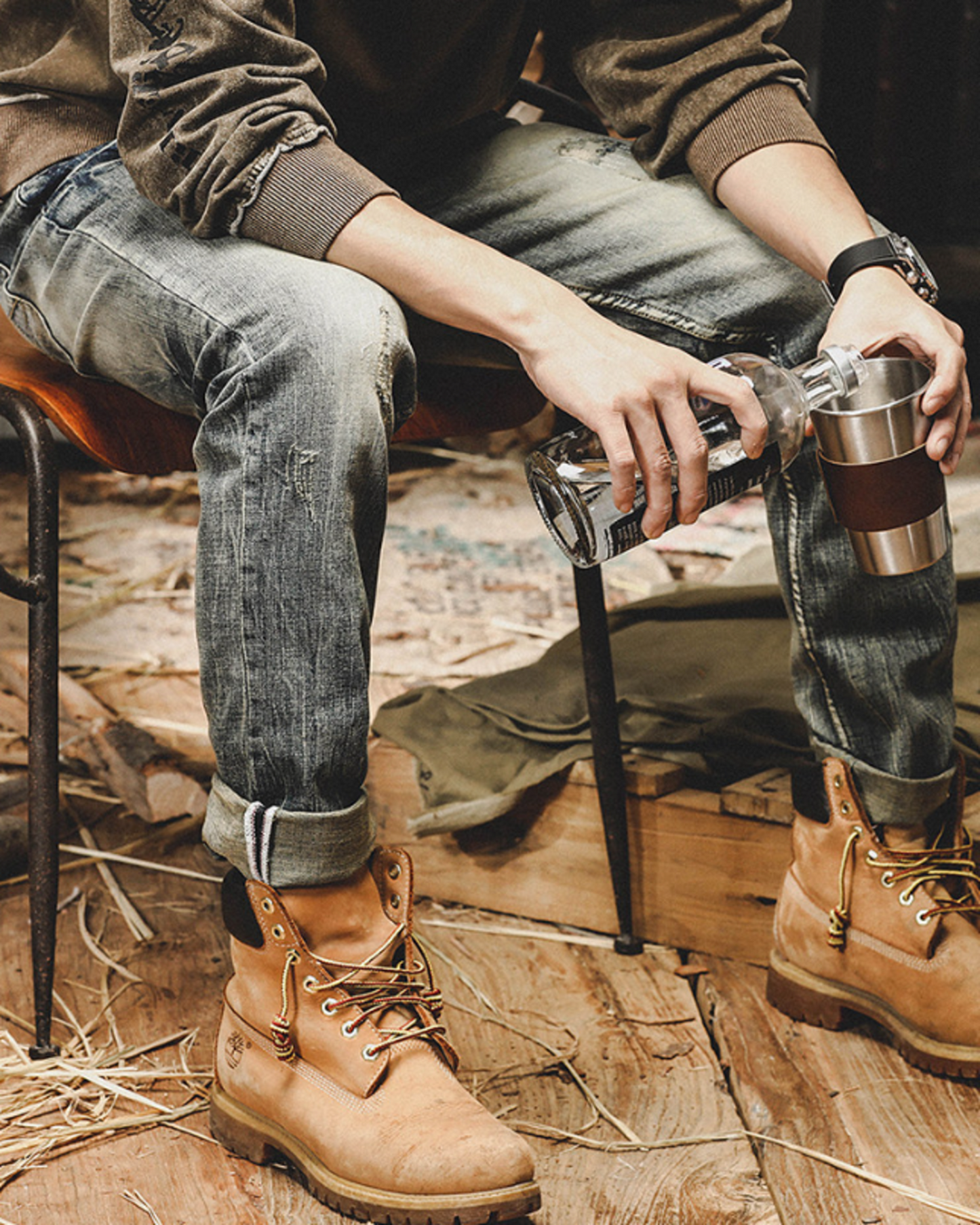 heavy slim straight distressed denim pants 【ACT0183】