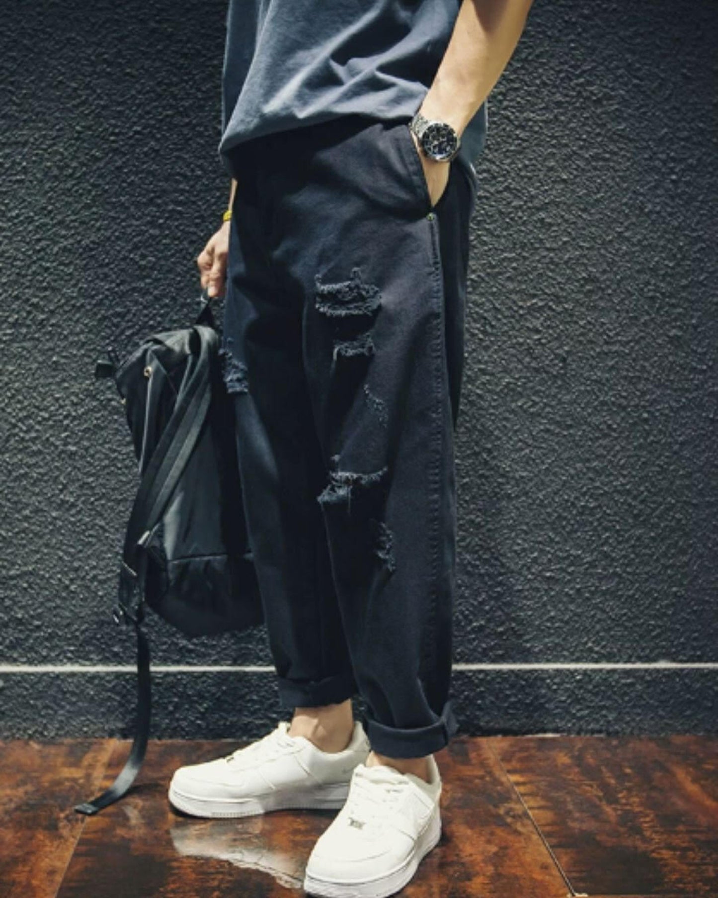 damage processed wide tapered denim pants 【ACT0020】