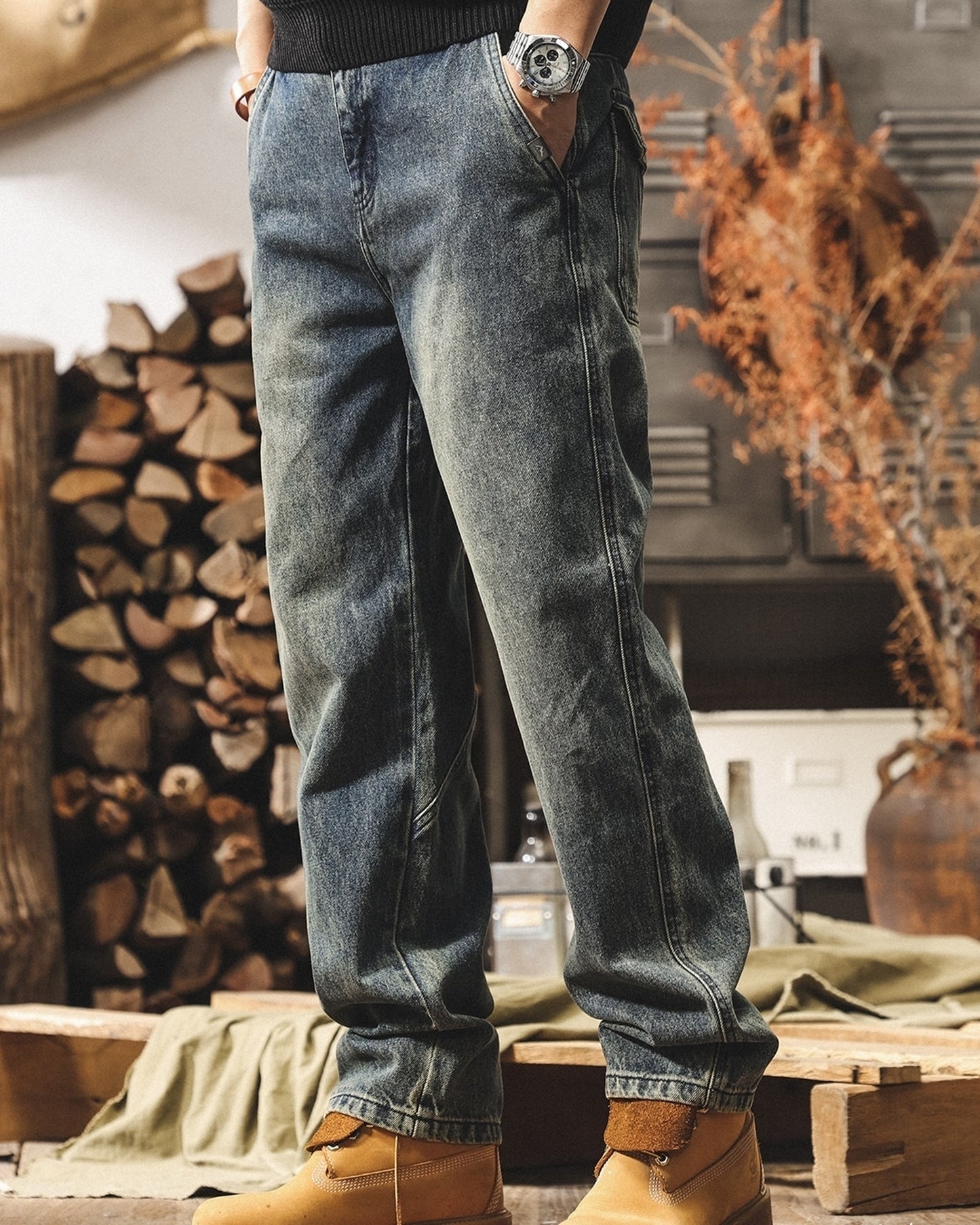 vintage wash loose straight cargo denim pants 2color 【ACT0223】