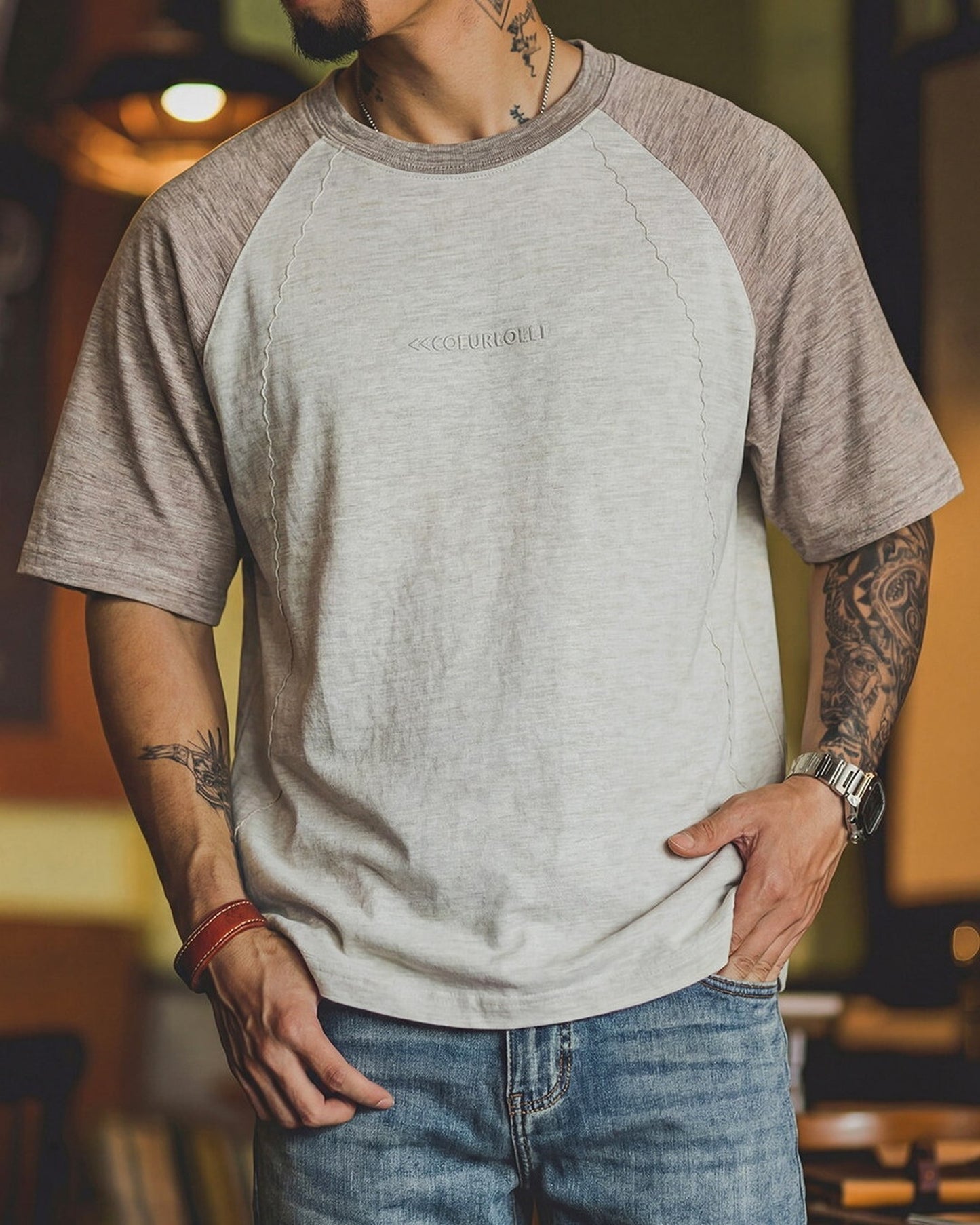 Contrast Stitch Relaxed Fit Raglan Sleeve T-Shirt 【ACT0116】
