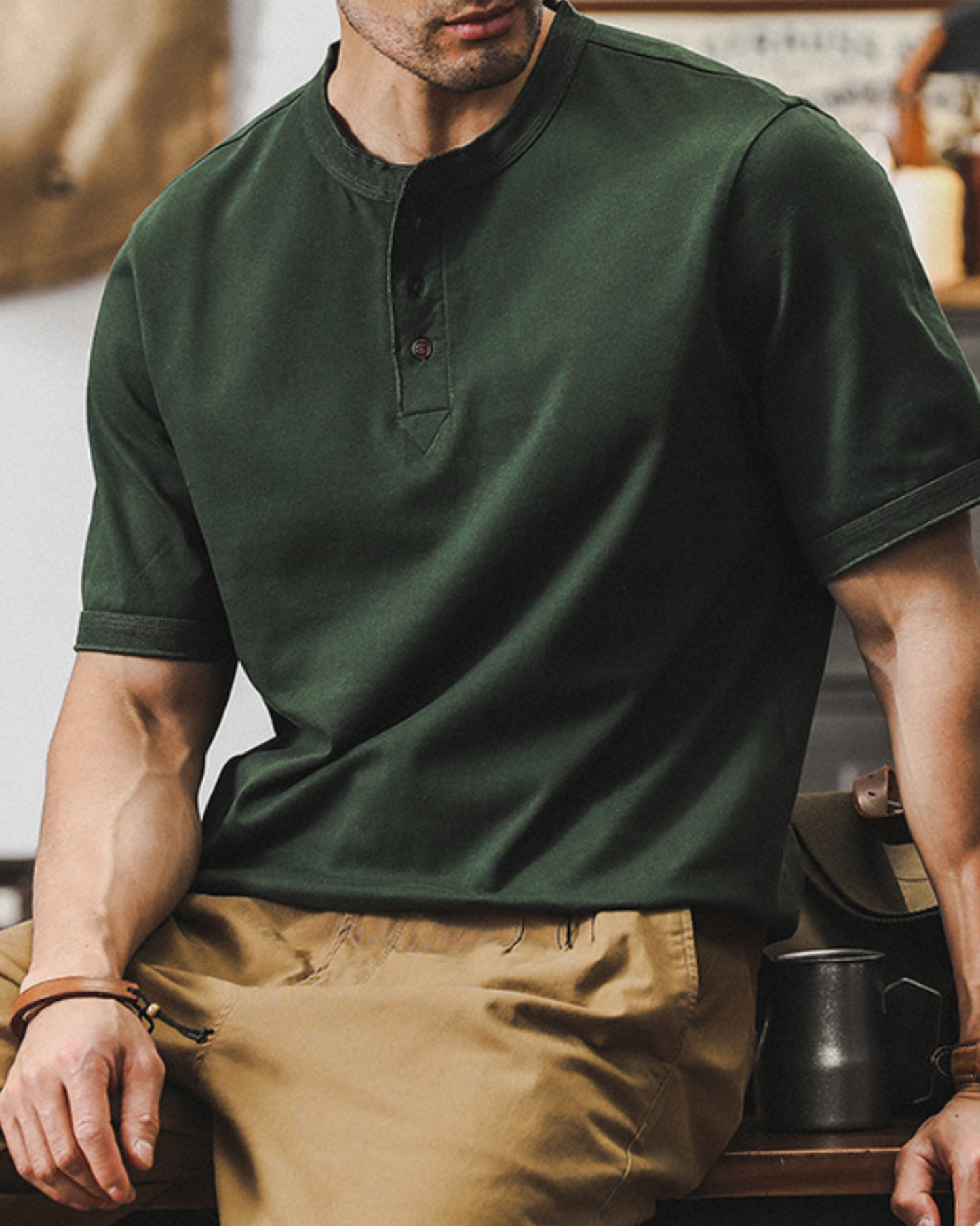 loose cotton henley neck t-shirt 5color 【ACT0164】