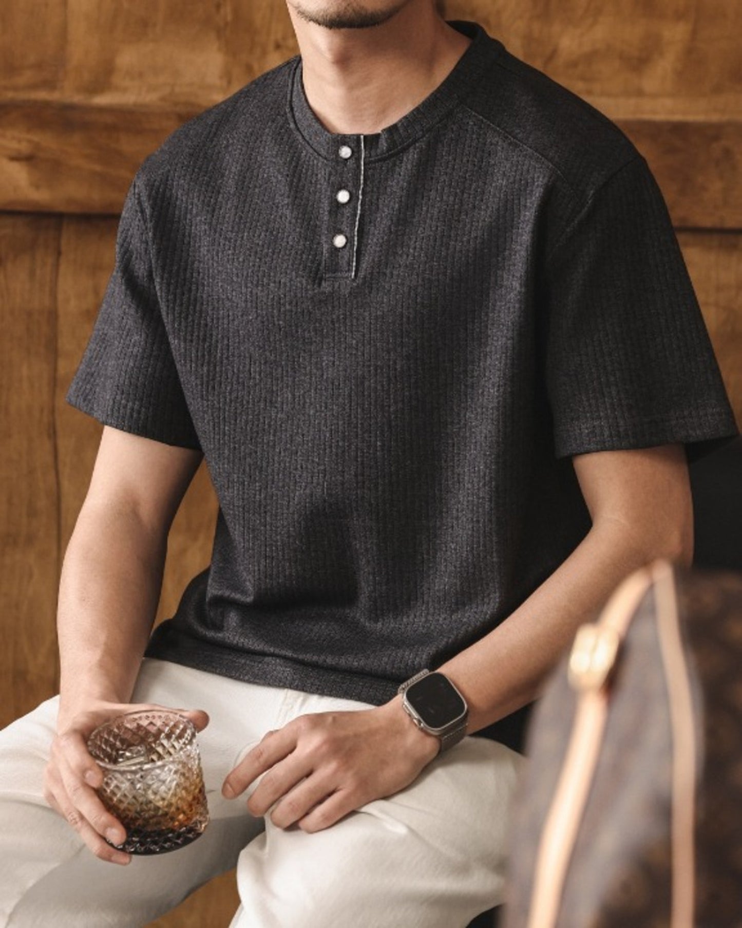henley neck short sleeve T-shirt 4color 【ACT0235】