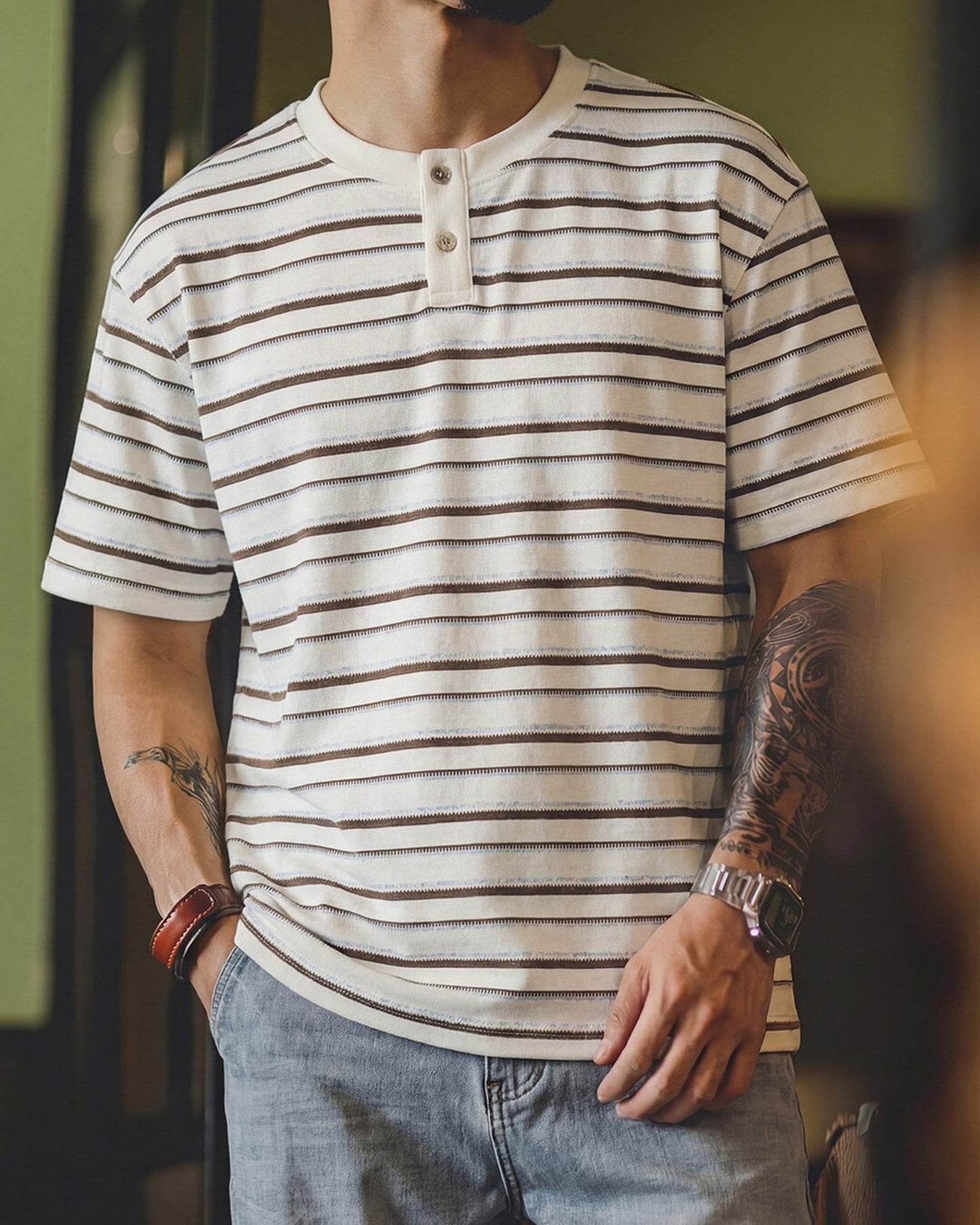Stripe Henley-Neck Casual Loose Short-Sleeve T-Shirt 【ACT0071】