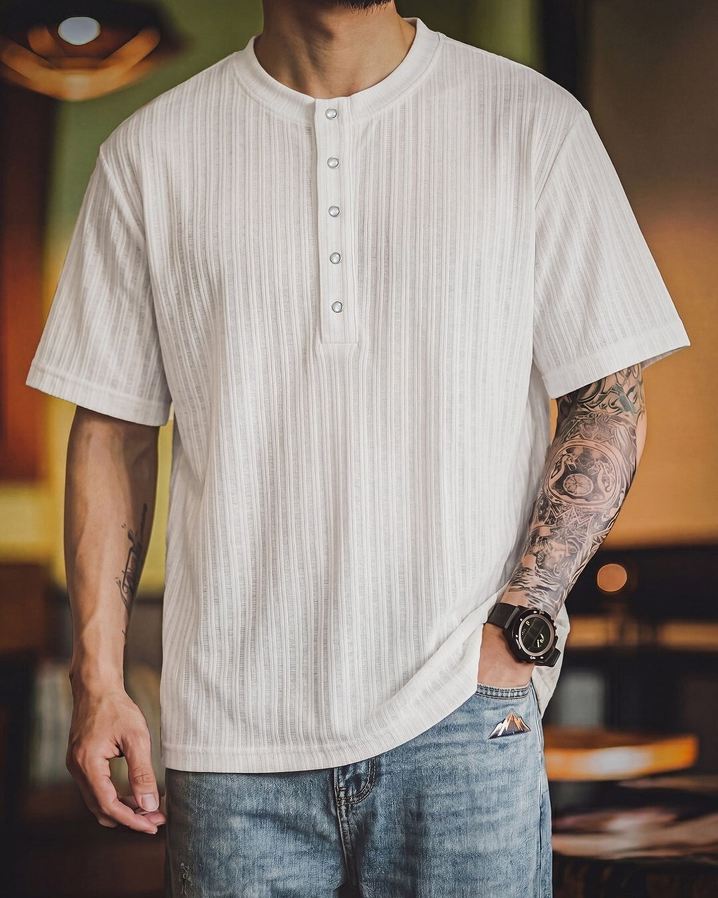 Vintage Ribbed-Knit Henley-Neck Casual T-Shirt 2color 【ACT0098】