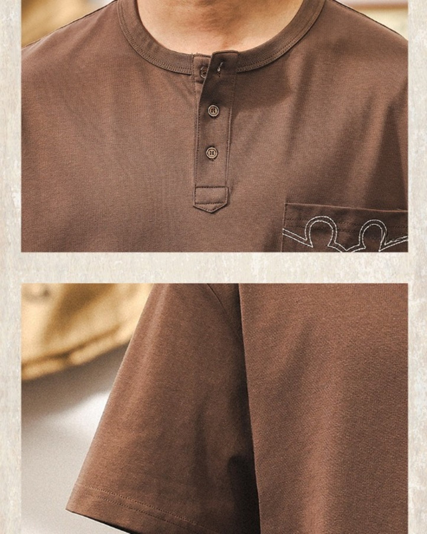 embroidery pocket henley neck short sleeve T-shirt 【ACT0234】