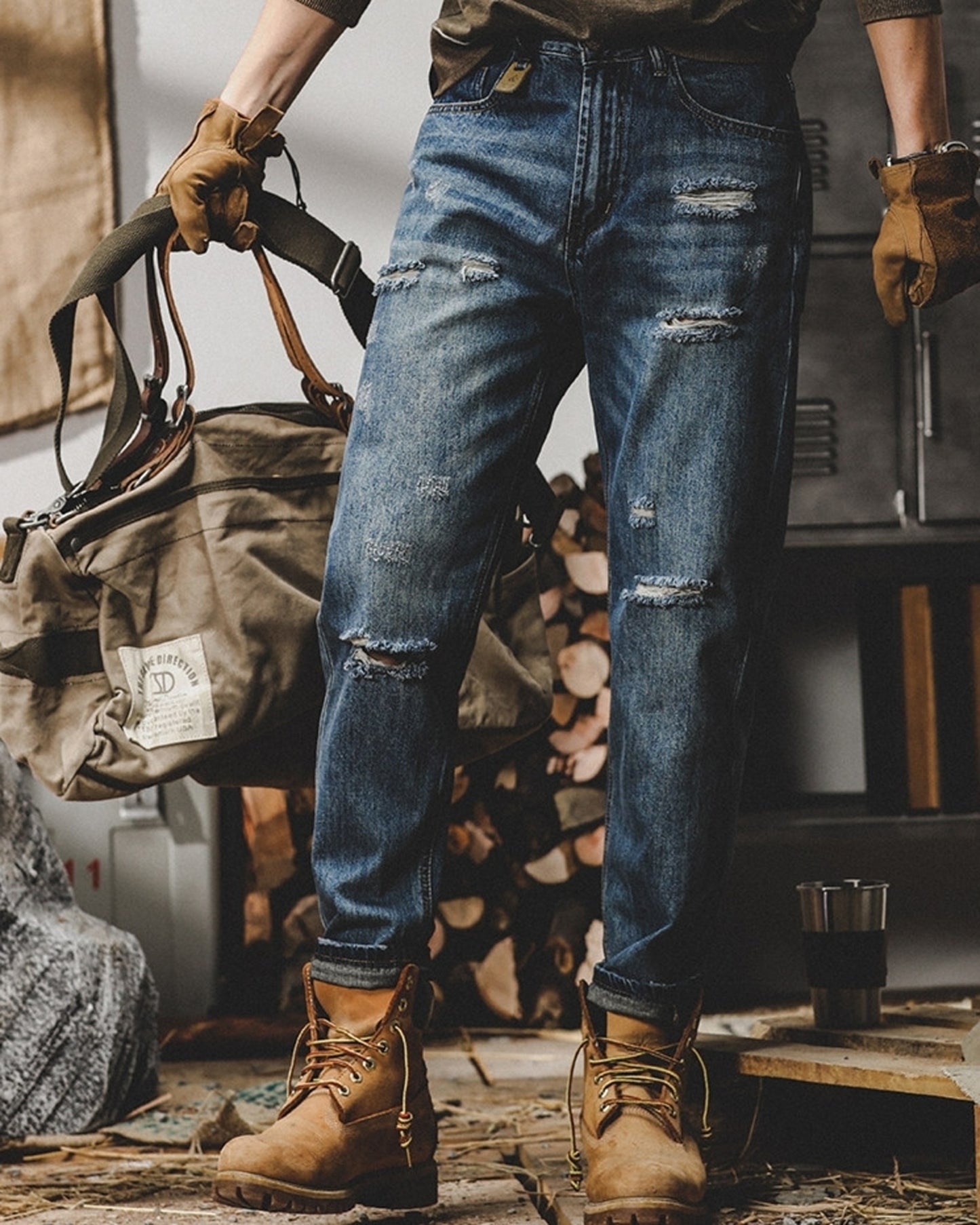 vintage relaxed tapered damage denim pants 2color 【ACT0199】