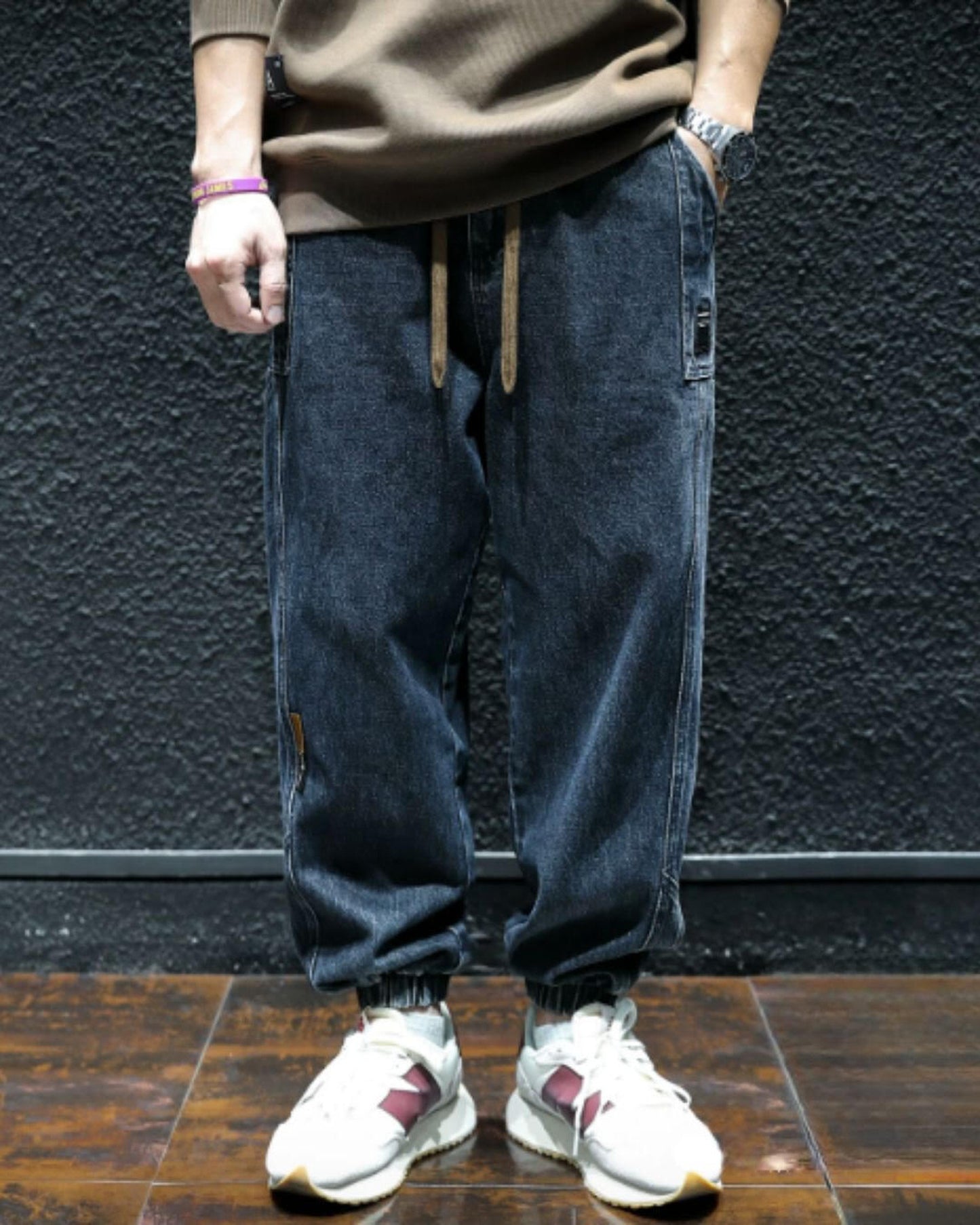 drawstring patch pocket tapered denim pants 【ACT0021】