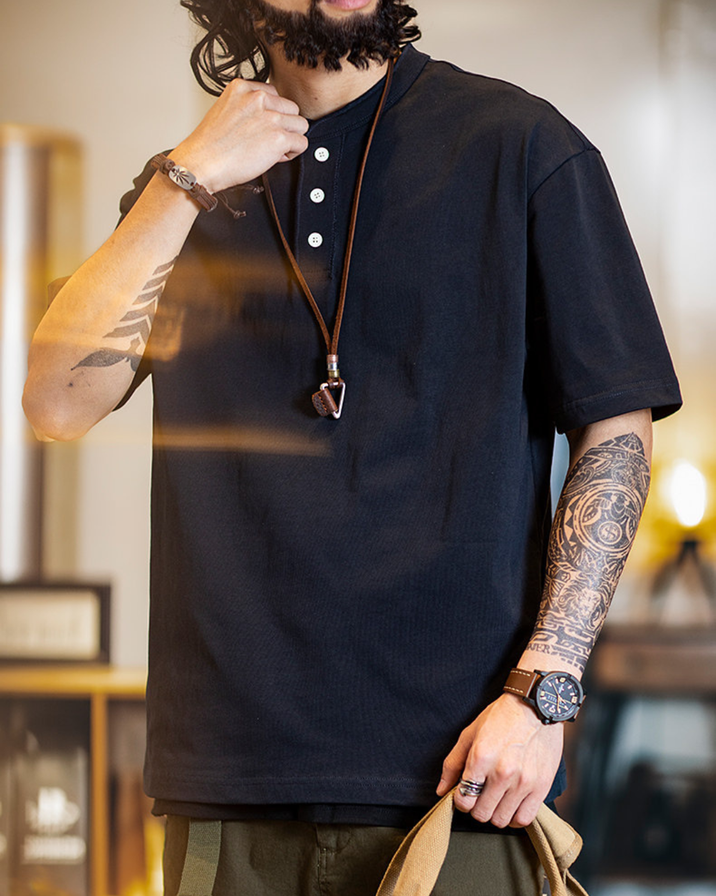 Button detail casual neck t-shirt 4color 【ACT0154】