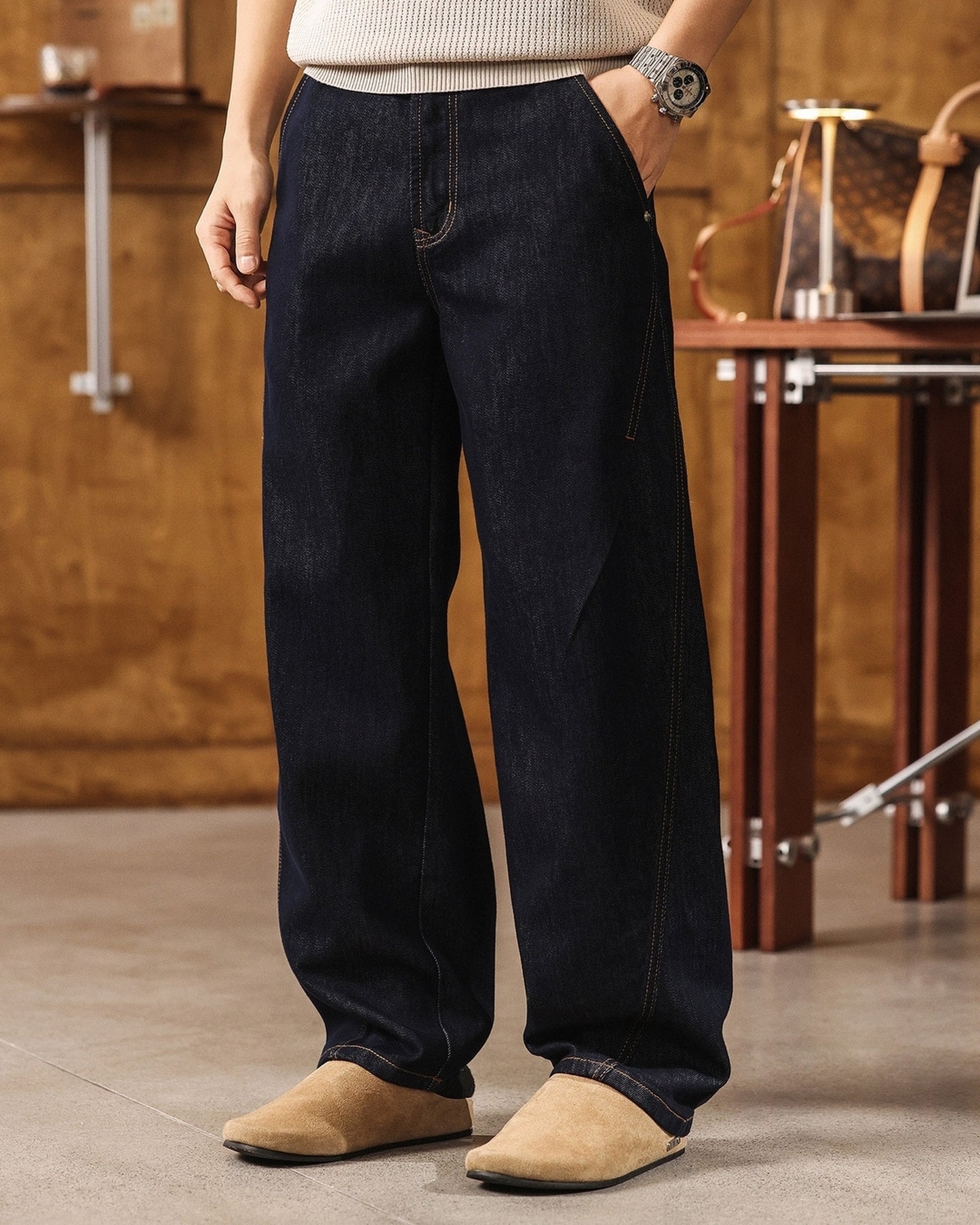 vintage raw wash curved wide denim pants 【ACT0214】