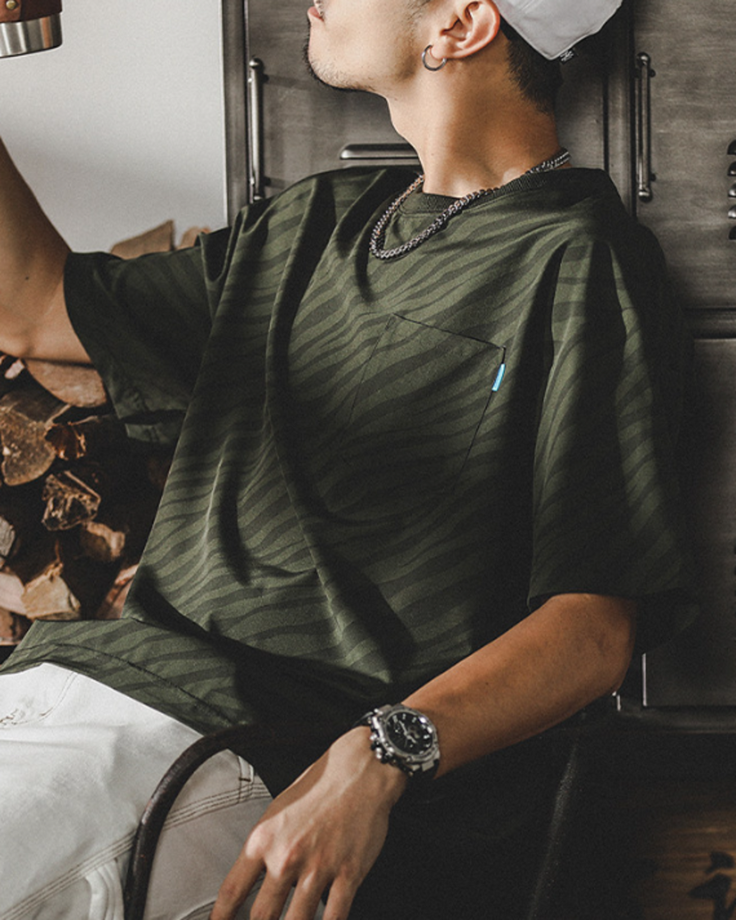 zebra striped pocket short sleeve t-shirt 3color 【ACT0165】