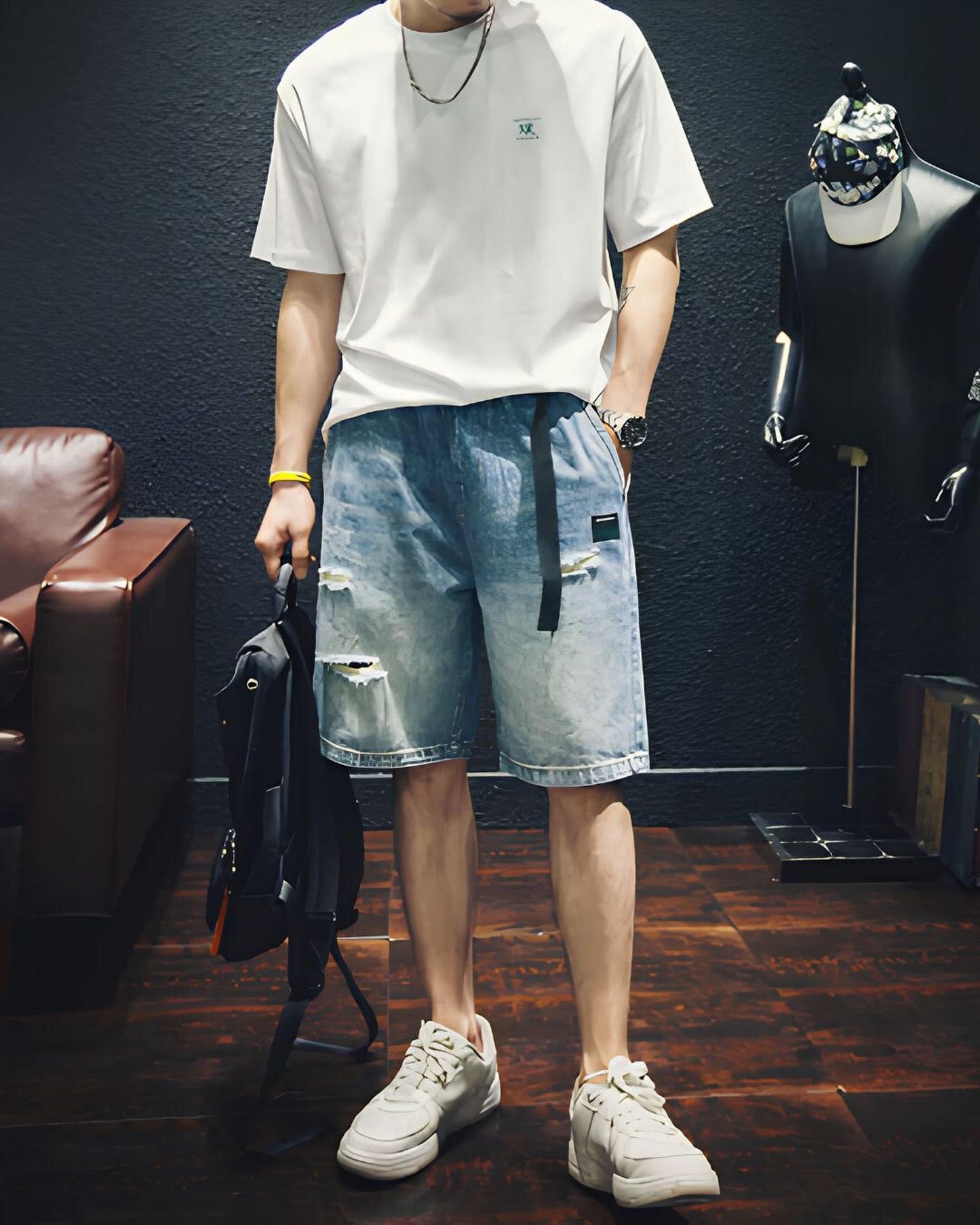 damage processed belted denim half pants 【ACT0005】