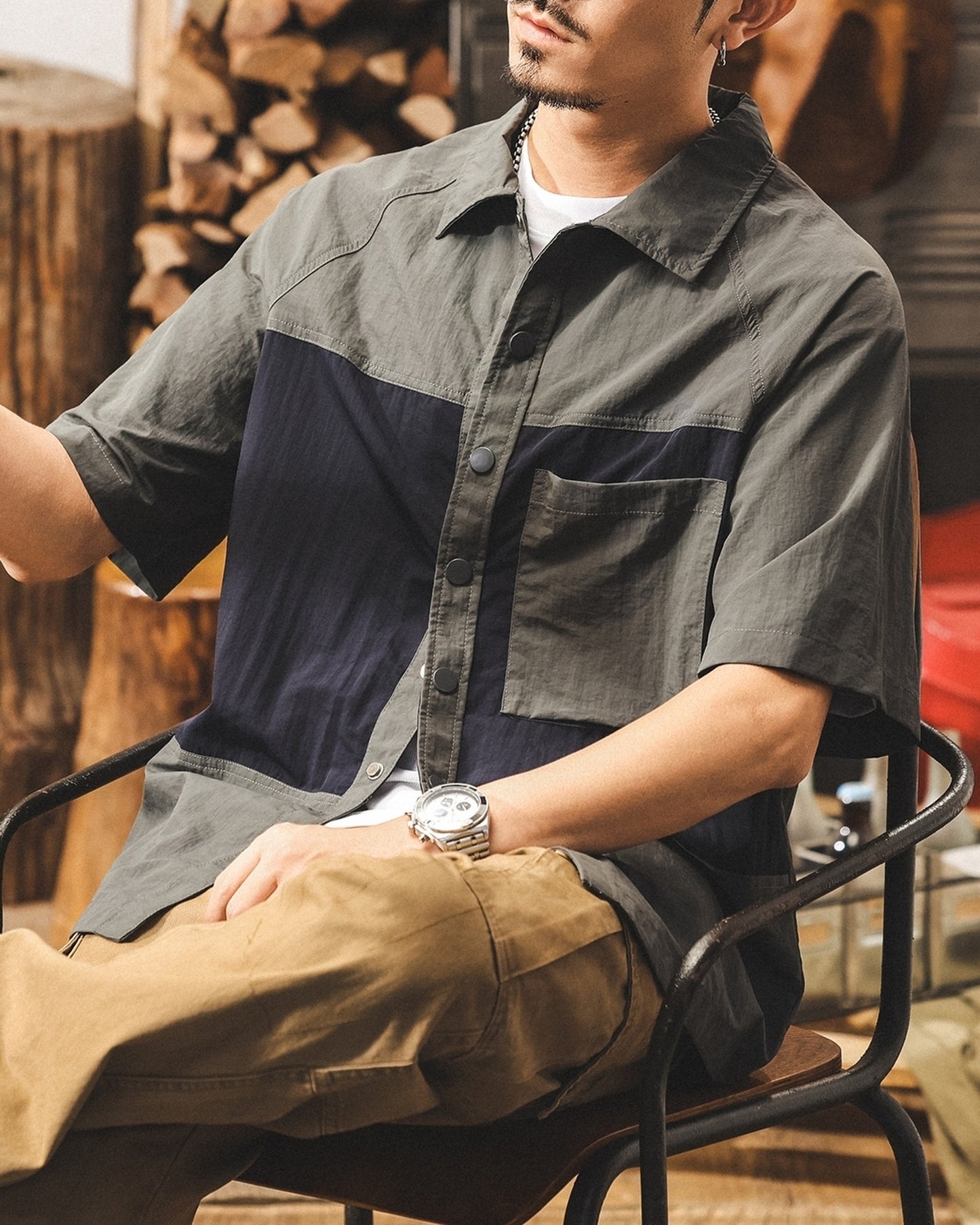 color block quick-dry utility cargo shirt 2color 【ACT0237】
