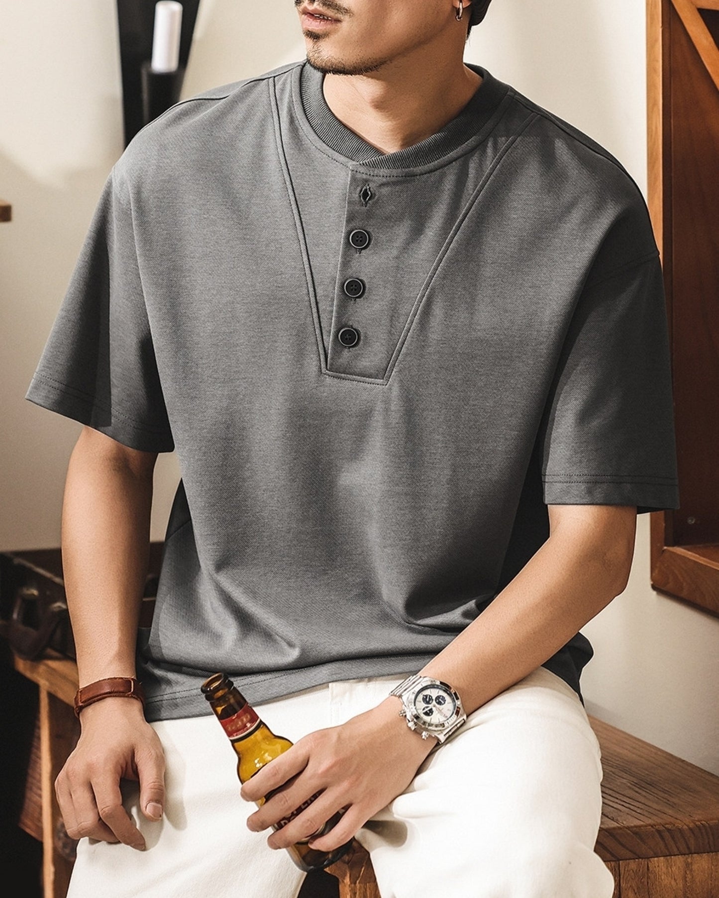henley neck short sleeve t-shirt 2color 【ACT0245】