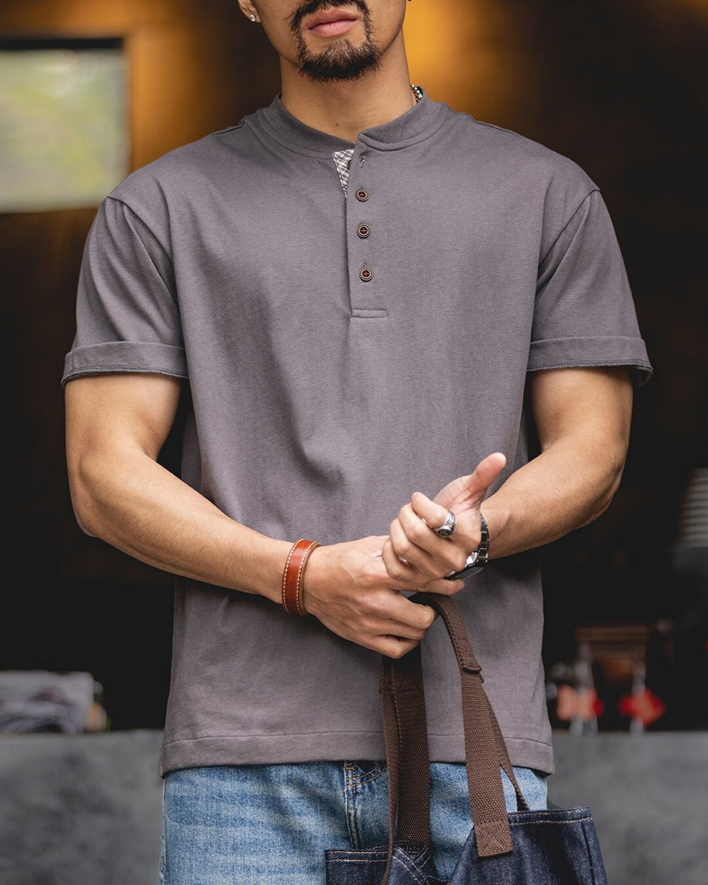 Check Plaid Henley-Neck Loose Casual T-Shirt 【ACT0078】
