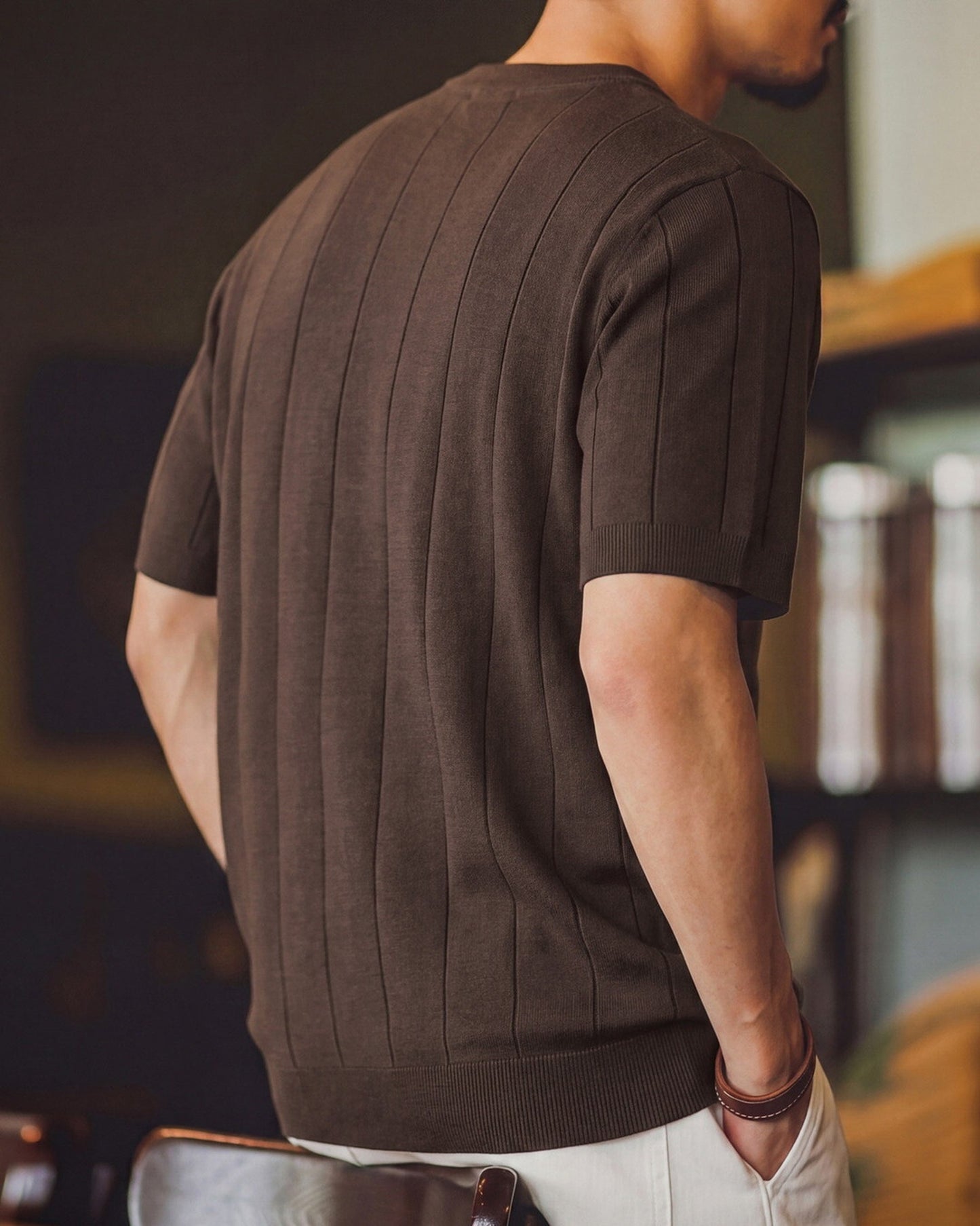 Smart-Casual Vertical-Stripe Knit Relaxed T-Shirt 4color 【ACT0101】