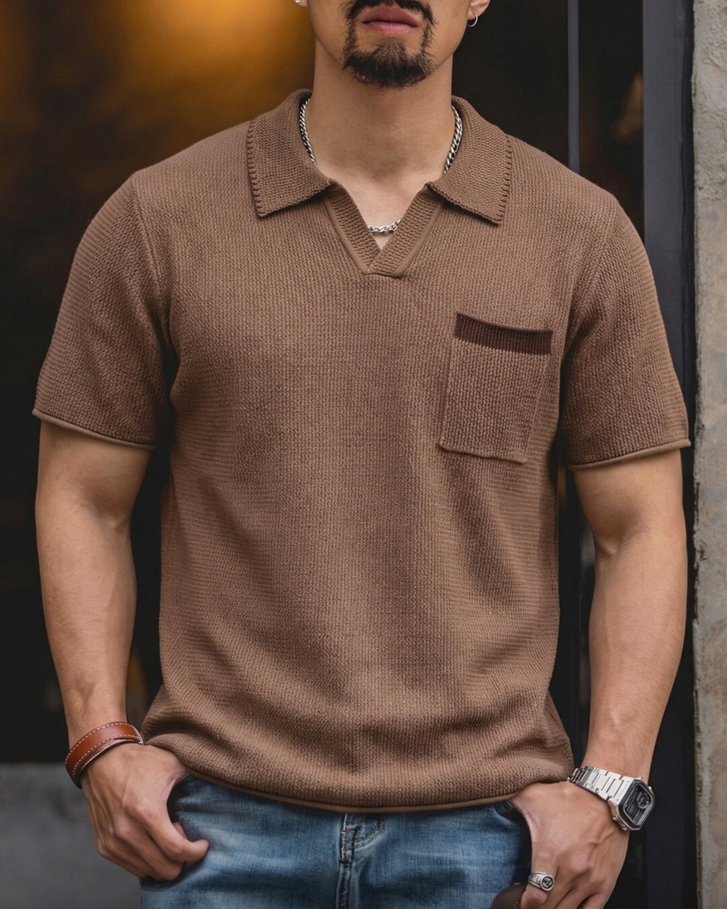 V-Neck Knit Pocket Loose Casual Short-Sleeve Polo Shirt 【ACT0133】
