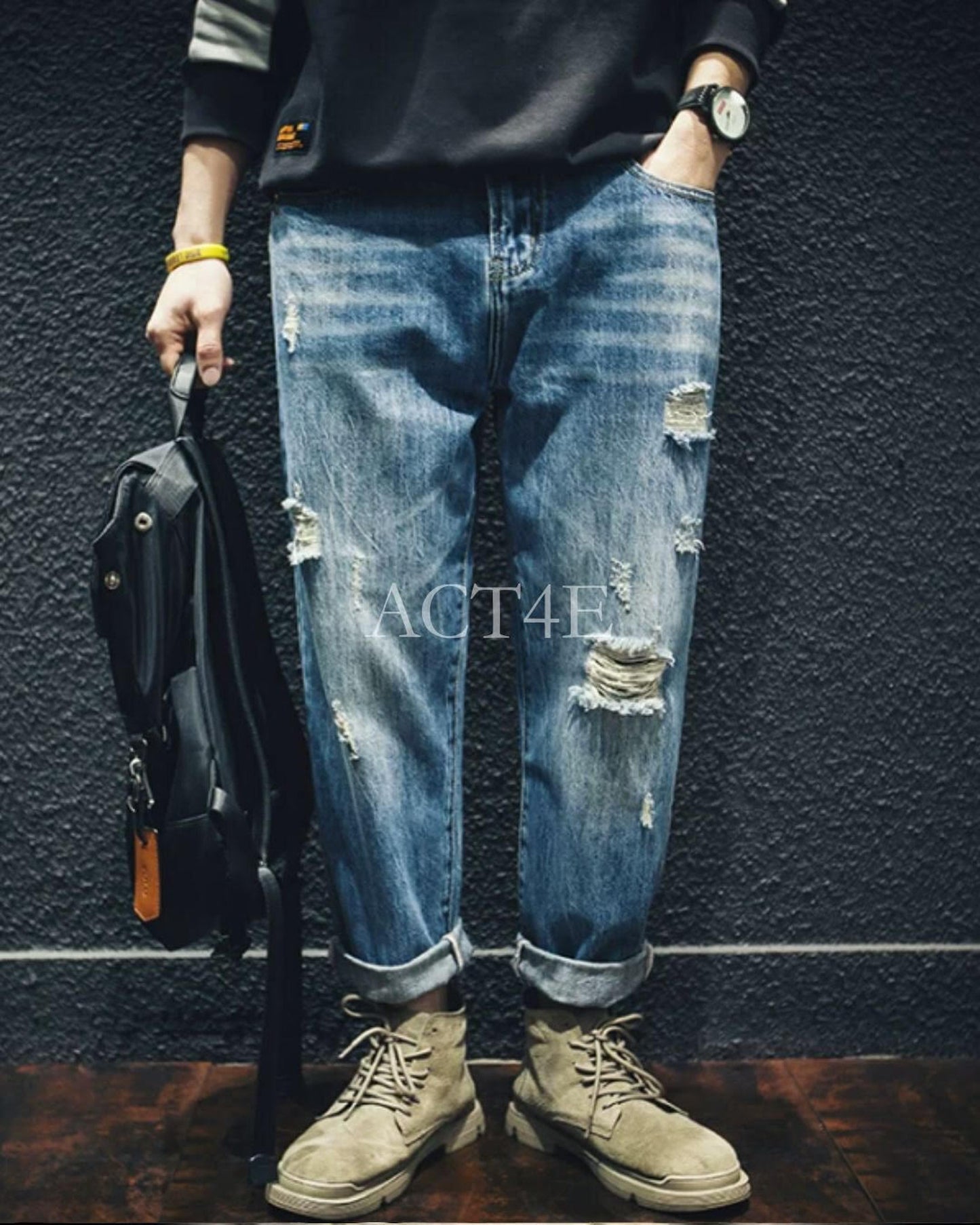 damage processed tapered denim pants 【ACT0014】