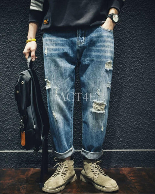 damage processed tapered denim pants 【ACT0014】