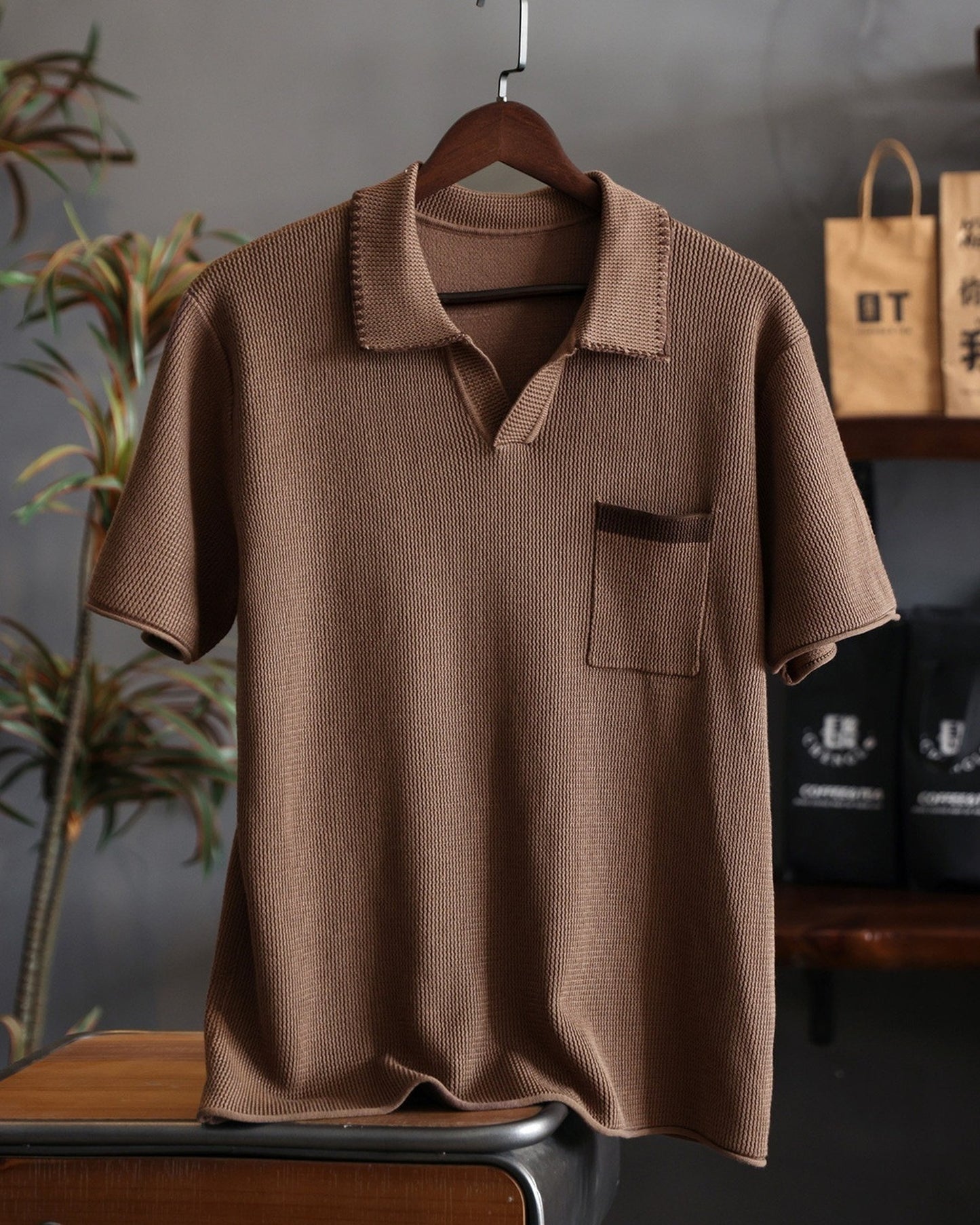 V-Neck Knit Pocket Loose Casual Short-Sleeve Polo Shirt 【ACT0133】
