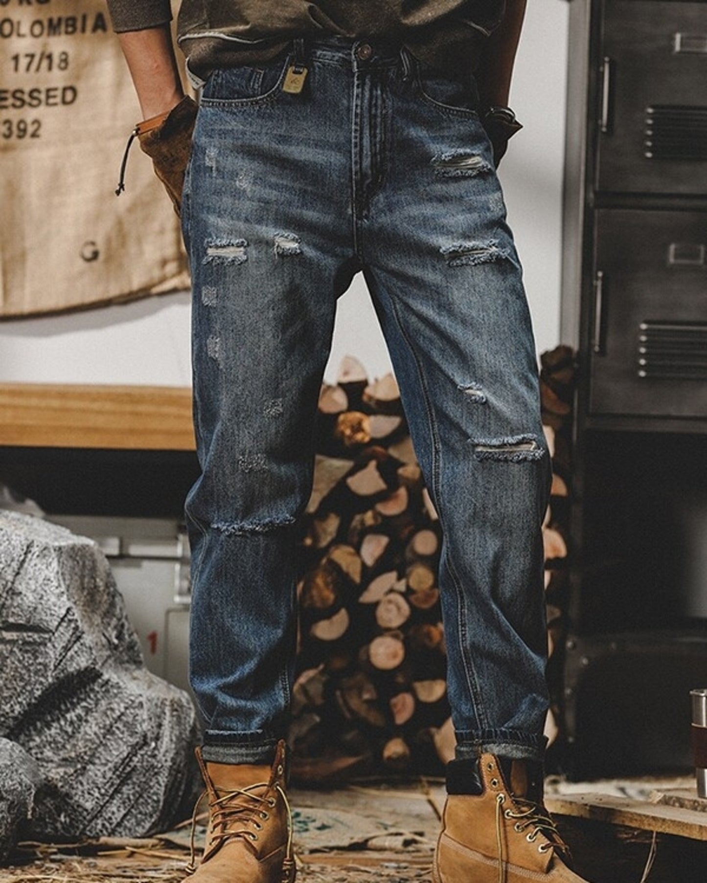 distressed tapered denim pants 2color 【ACT0189】