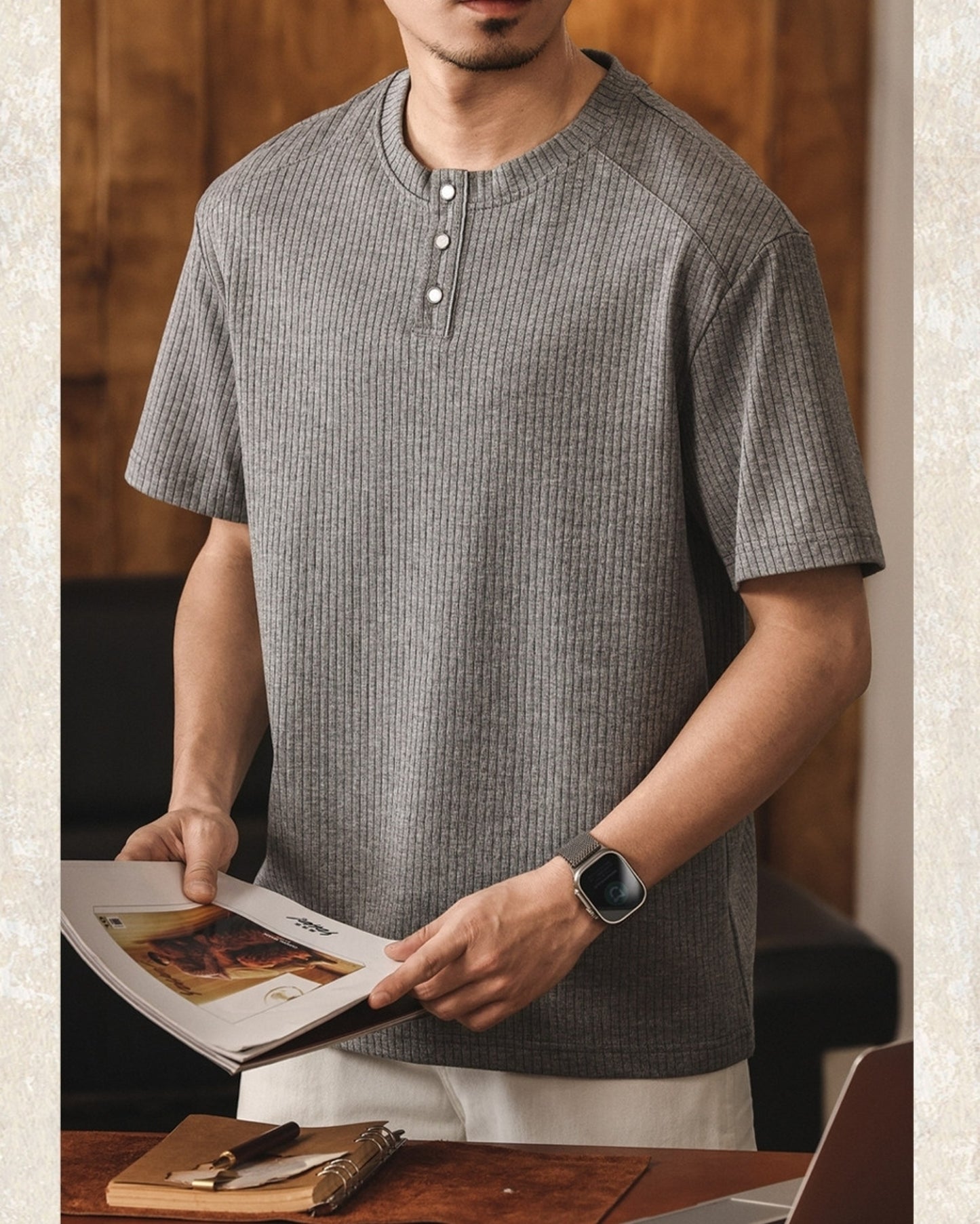 henley neck short sleeve T-shirt 4color 【ACT0235】
