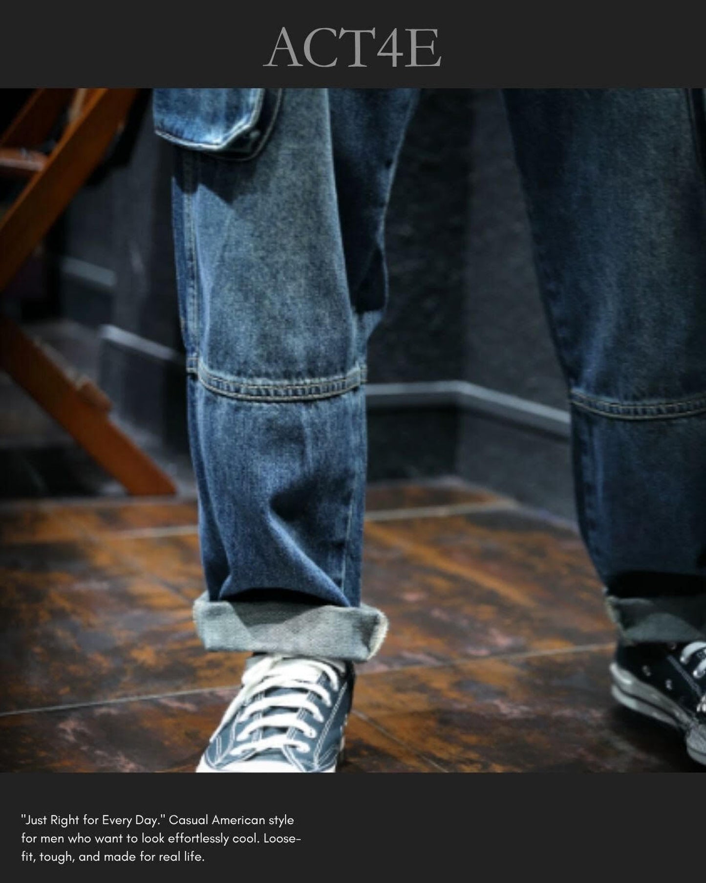 vintage processed loose fit cargo denim pants 【ACT0023】