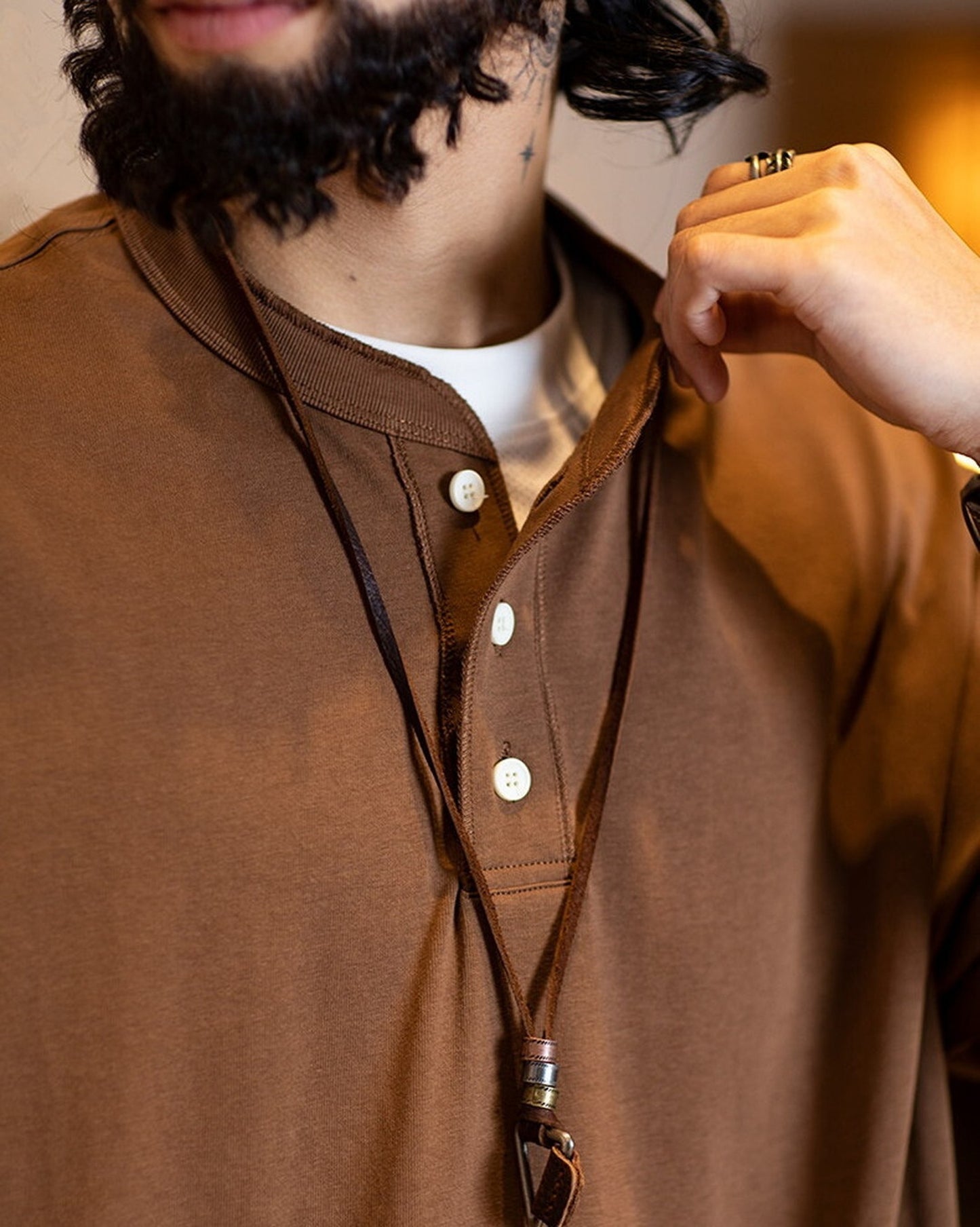 Henley-Neck Casual Loose Short-Sleeve T-Shirt 4color 【ACT0076】