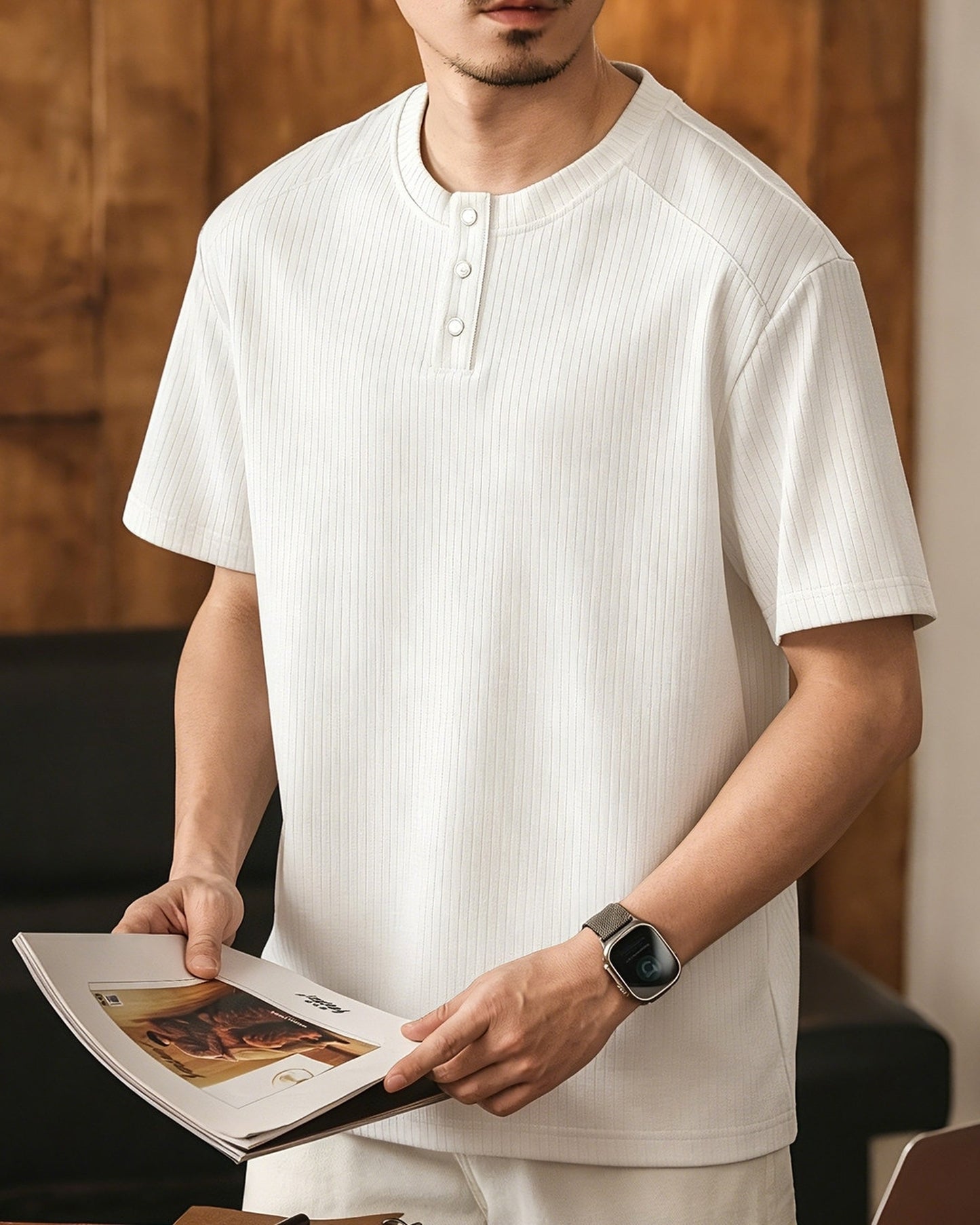 henley neck short sleeve T-shirt 4color 【ACT0235】