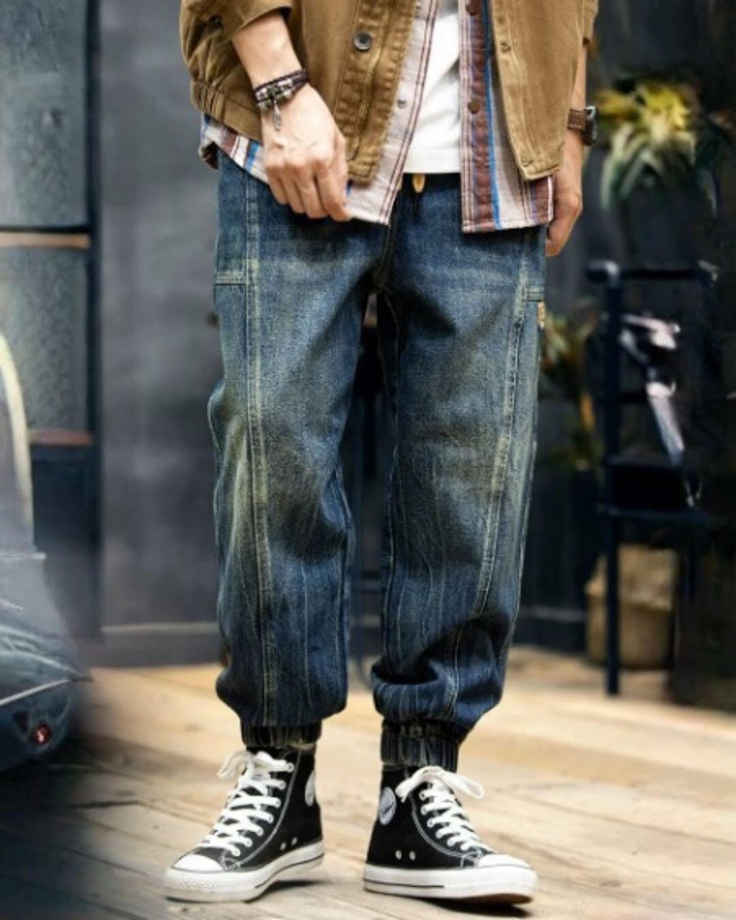 vintage-processed tapered denim pants 【ACT0007】