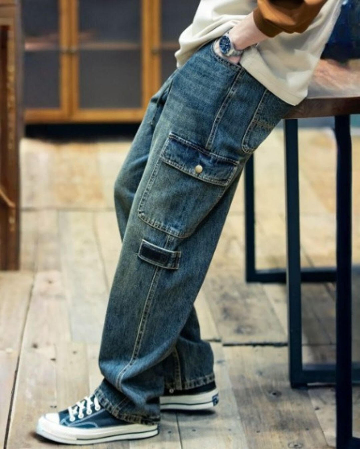 drawcord patch pocket wide denim pants 【ACT0024】