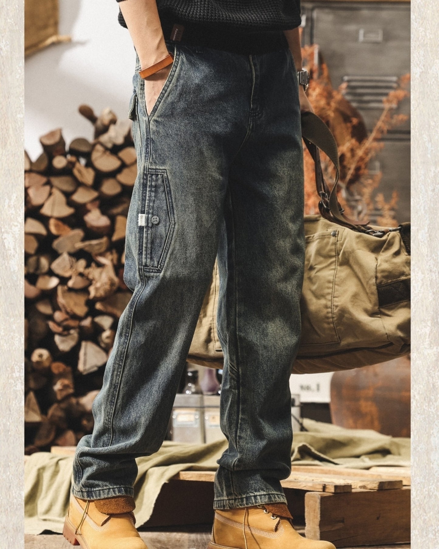 vintage wash loose straight cargo denim pants 2color 【ACT0223】